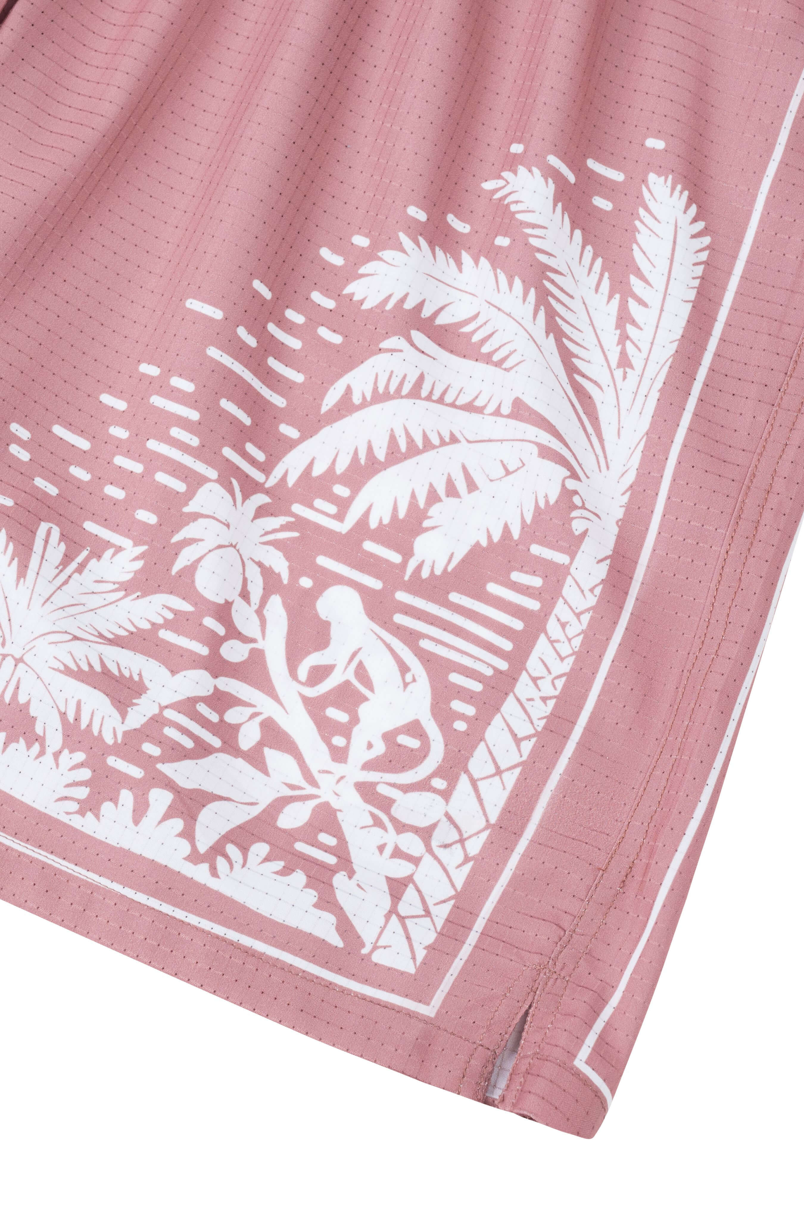 Printed logo on the left side of Pink Paradise summer beach shorts