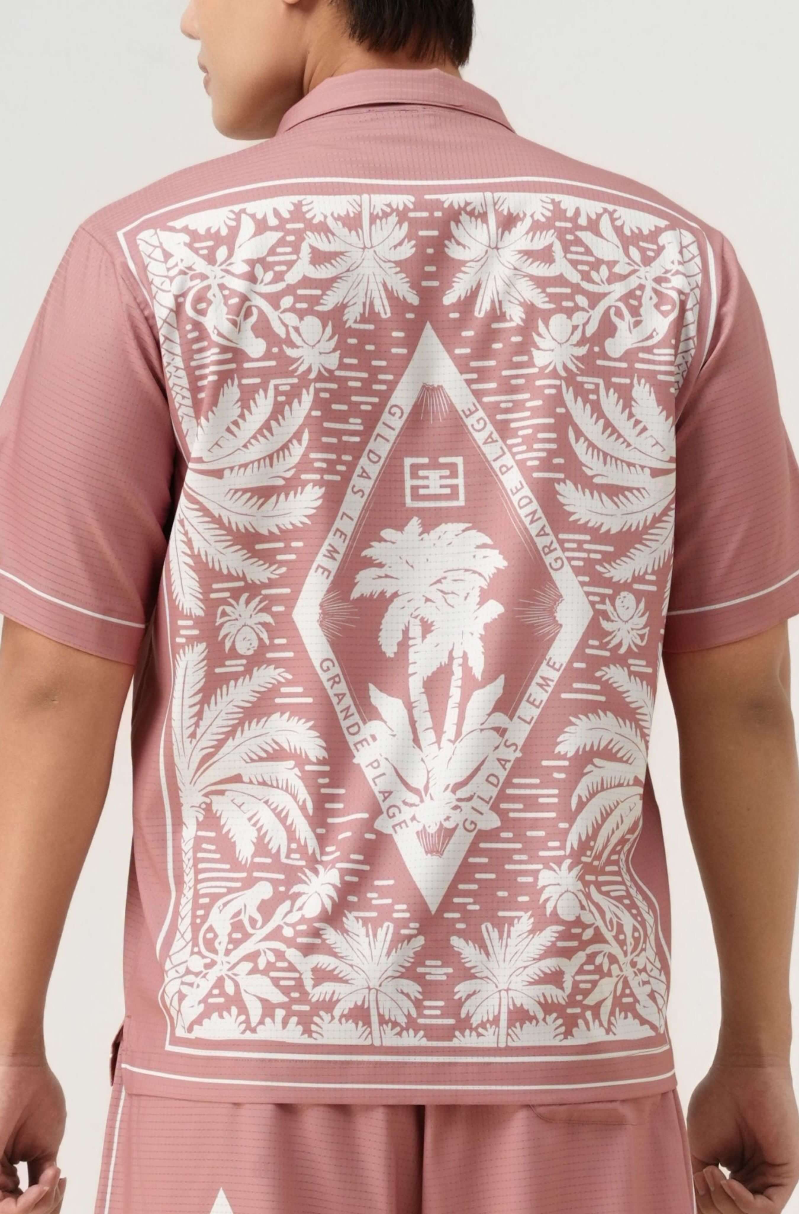 Real photo of back label on Pink Paradise men’s resort shirt