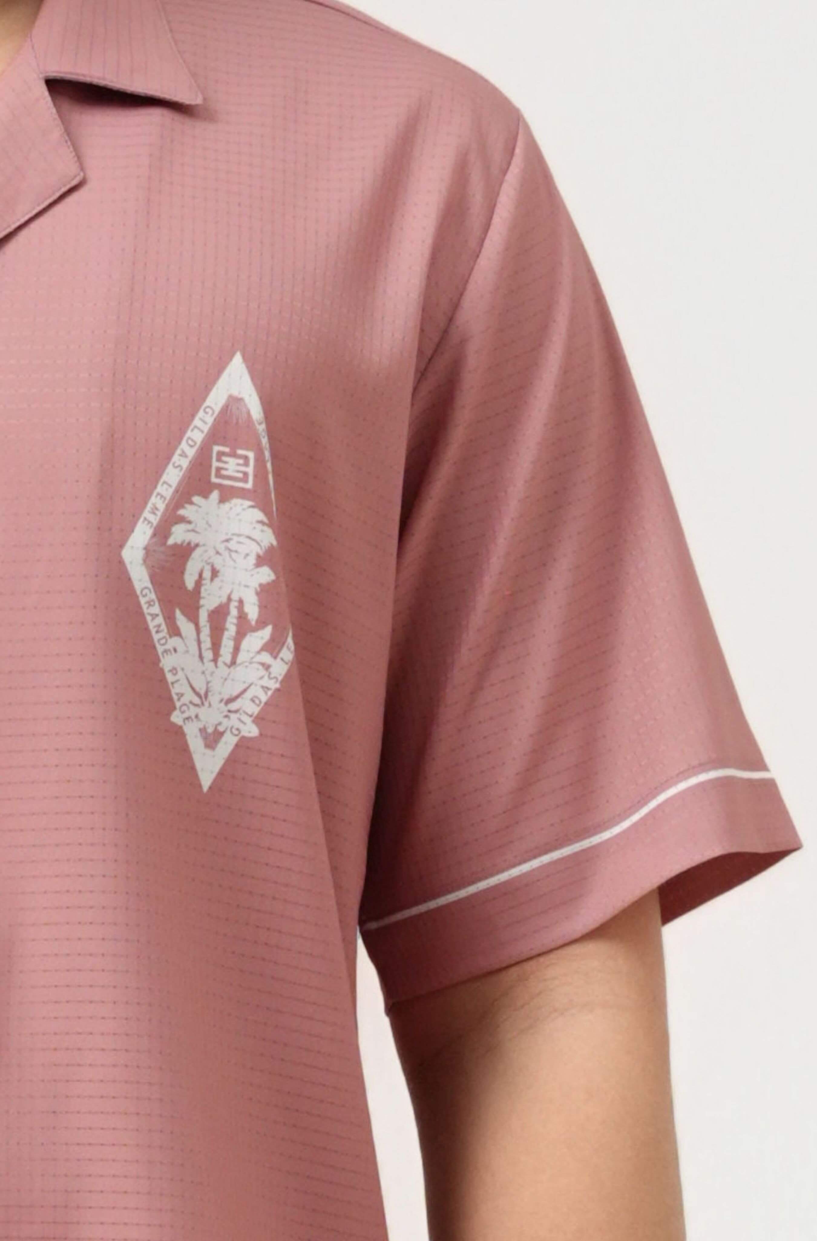Real printed logo on Pink Paradise men’s resort shirt