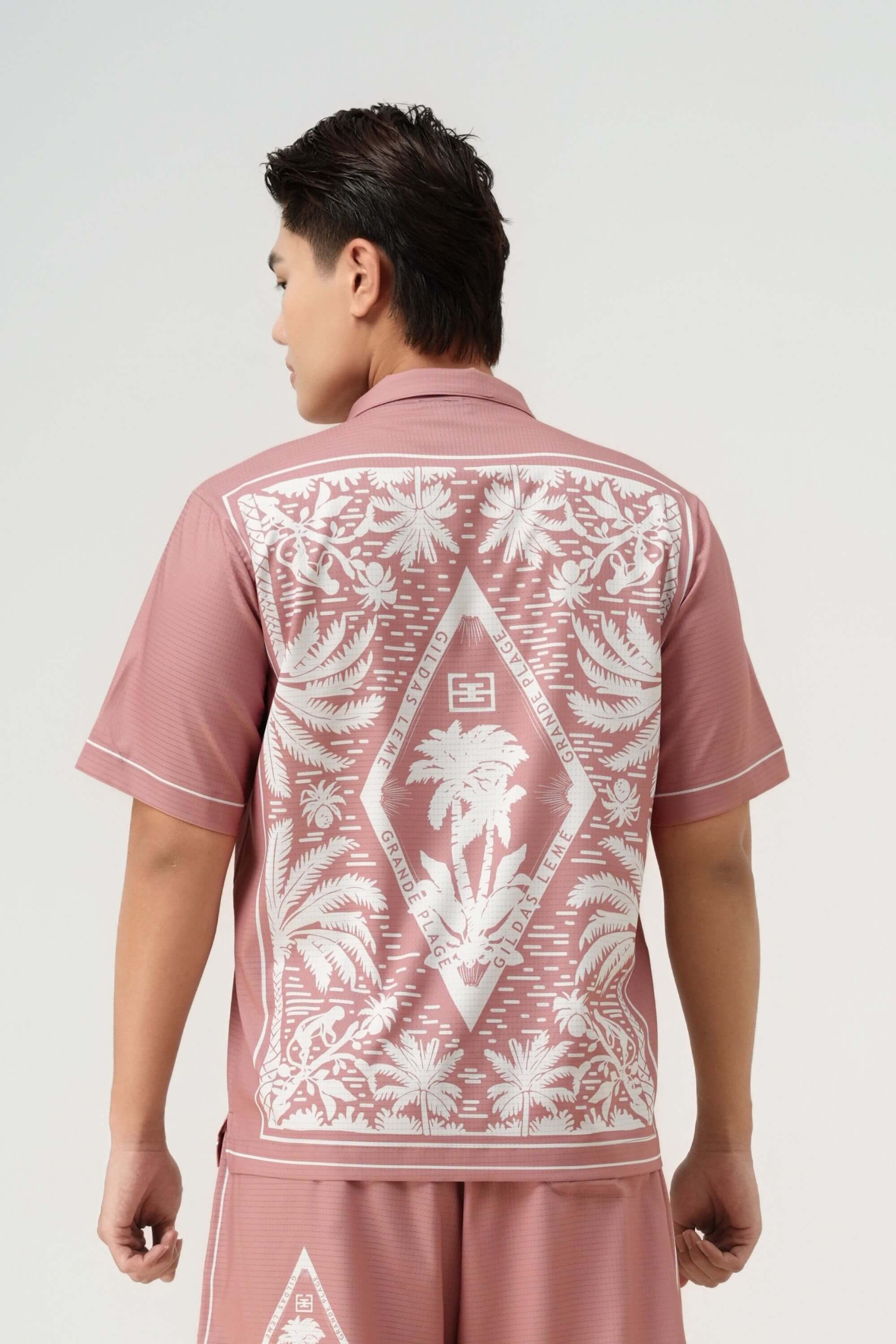 pink paradise resort shirt pink rose back view on model #color_pink rose
