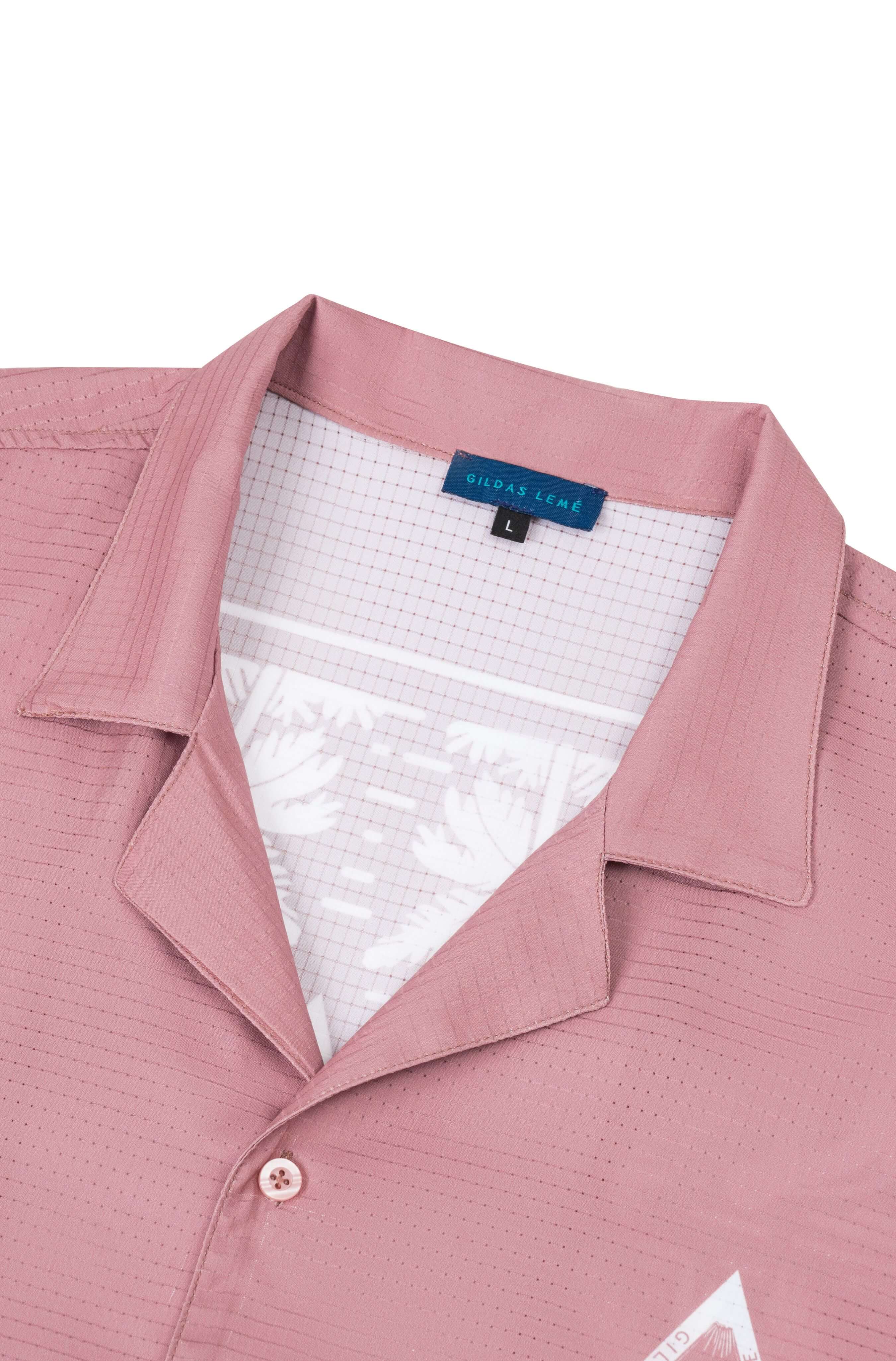Close-up of the collar on Pink Paradise summer beach shirt