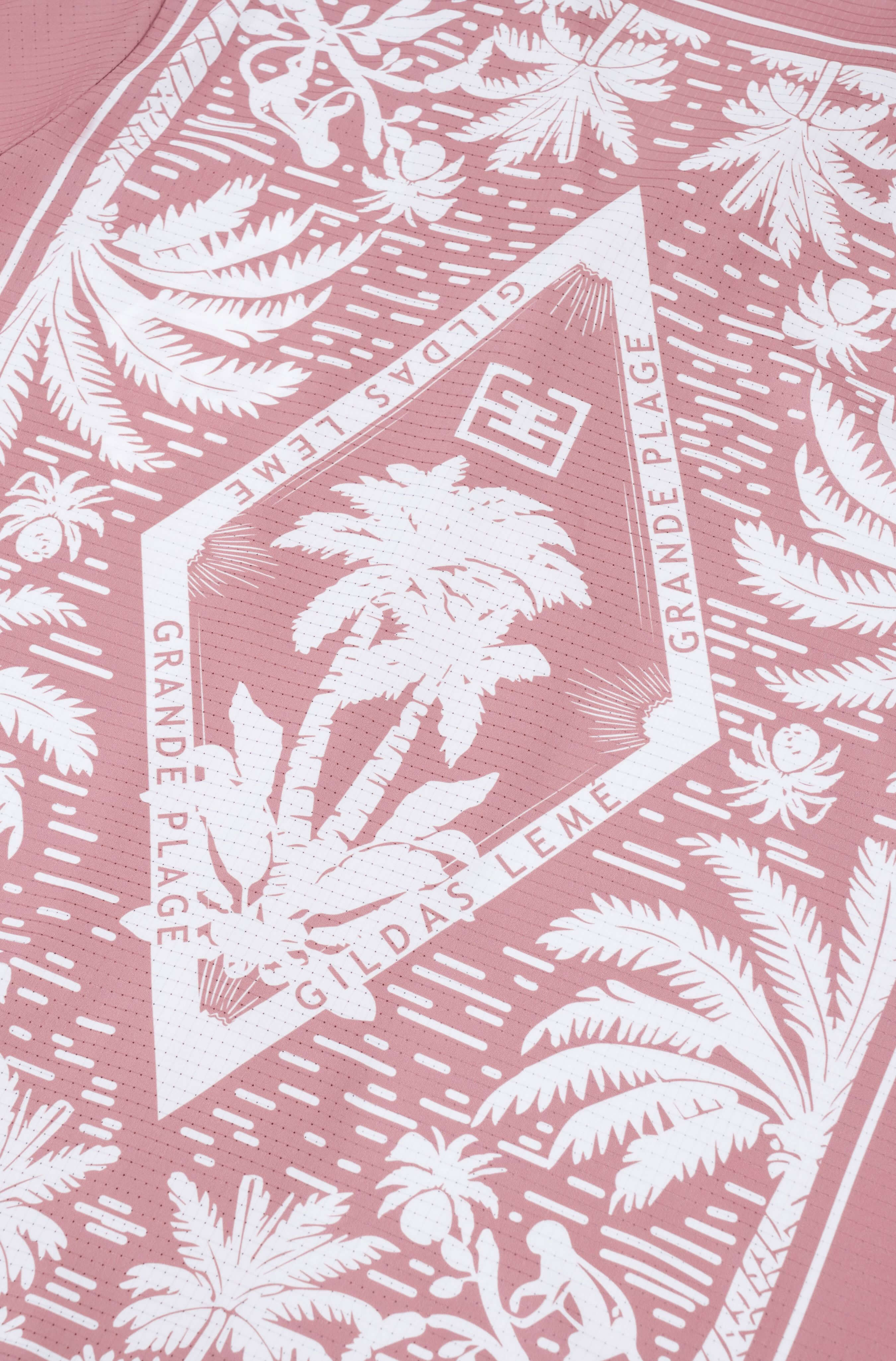 Embroidered design detail on Pink Paradise summer beach shirt