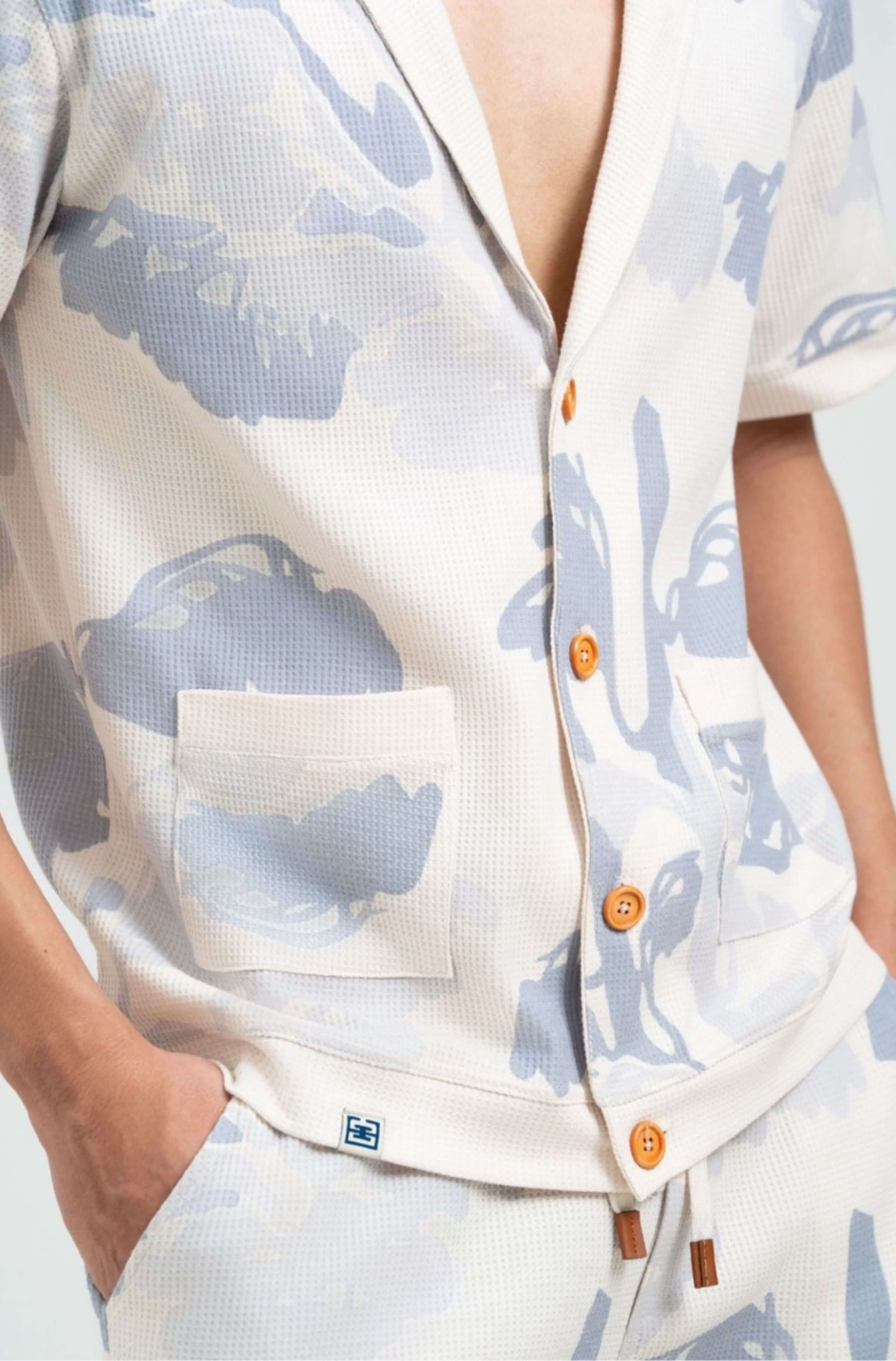 Button detail of Pink Parasol men’s resort shirt
