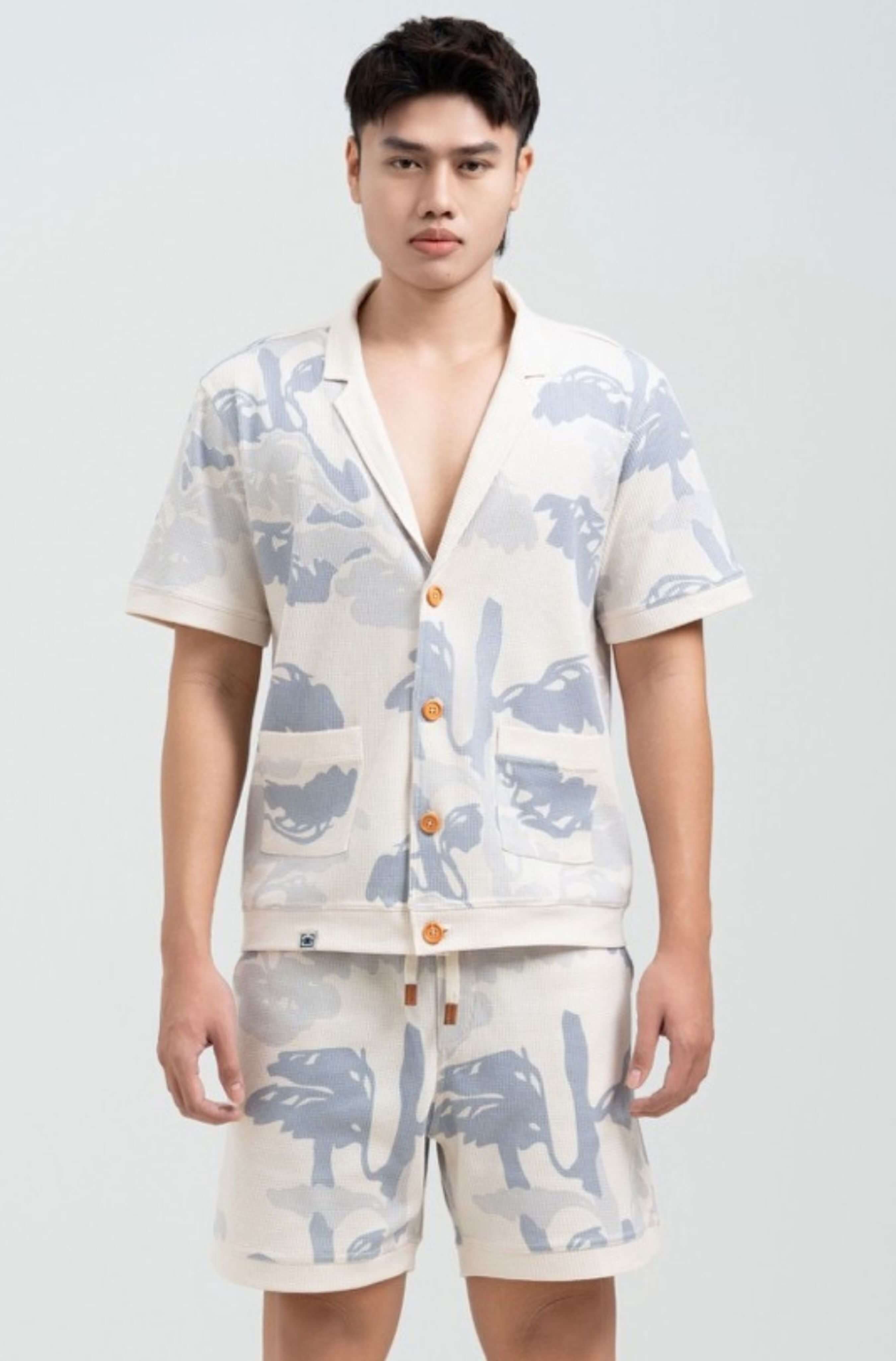 Front view of Pink Parasol men’s resortwear set