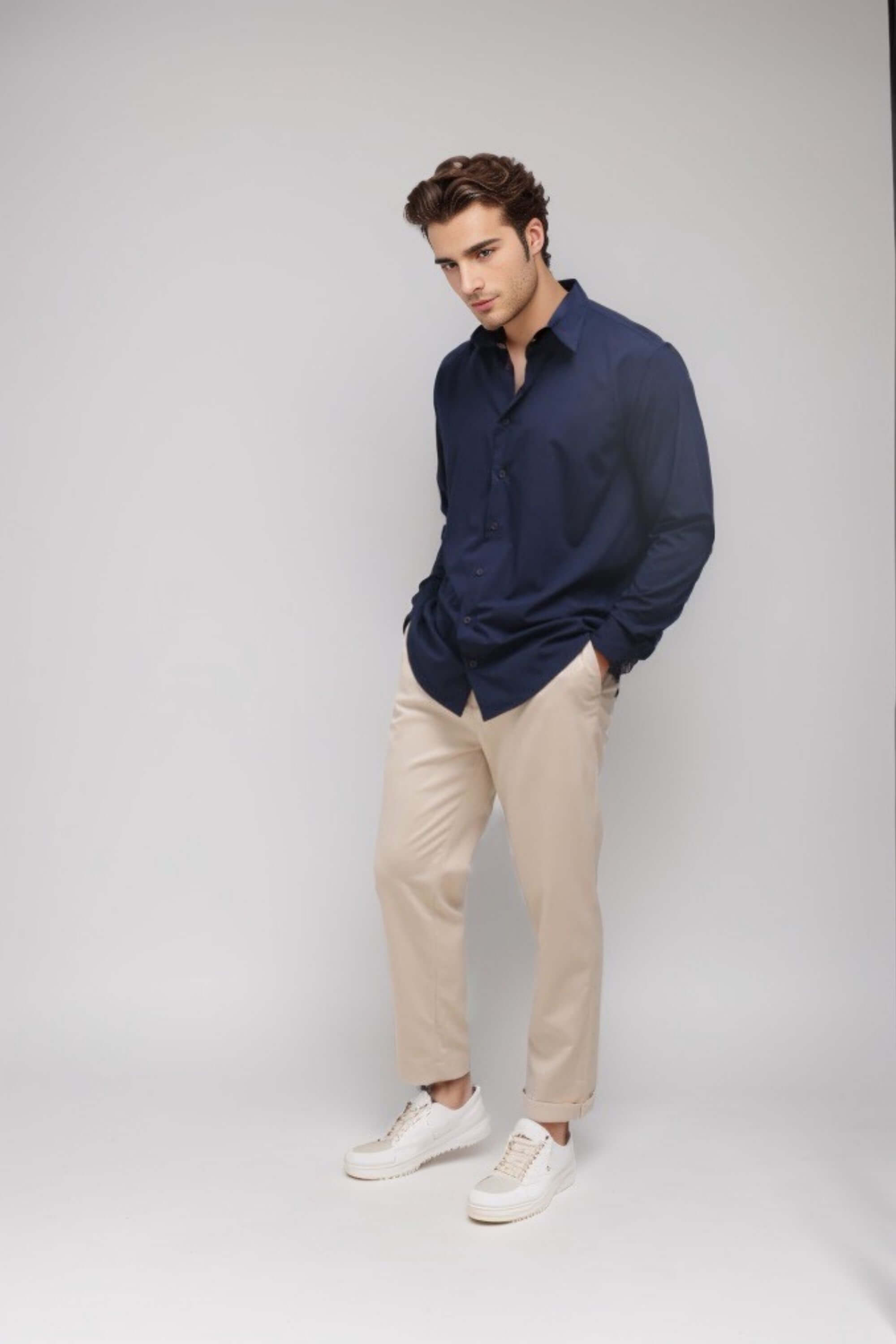 riviera bamboo shirt front view on model and chino pant #color_navy