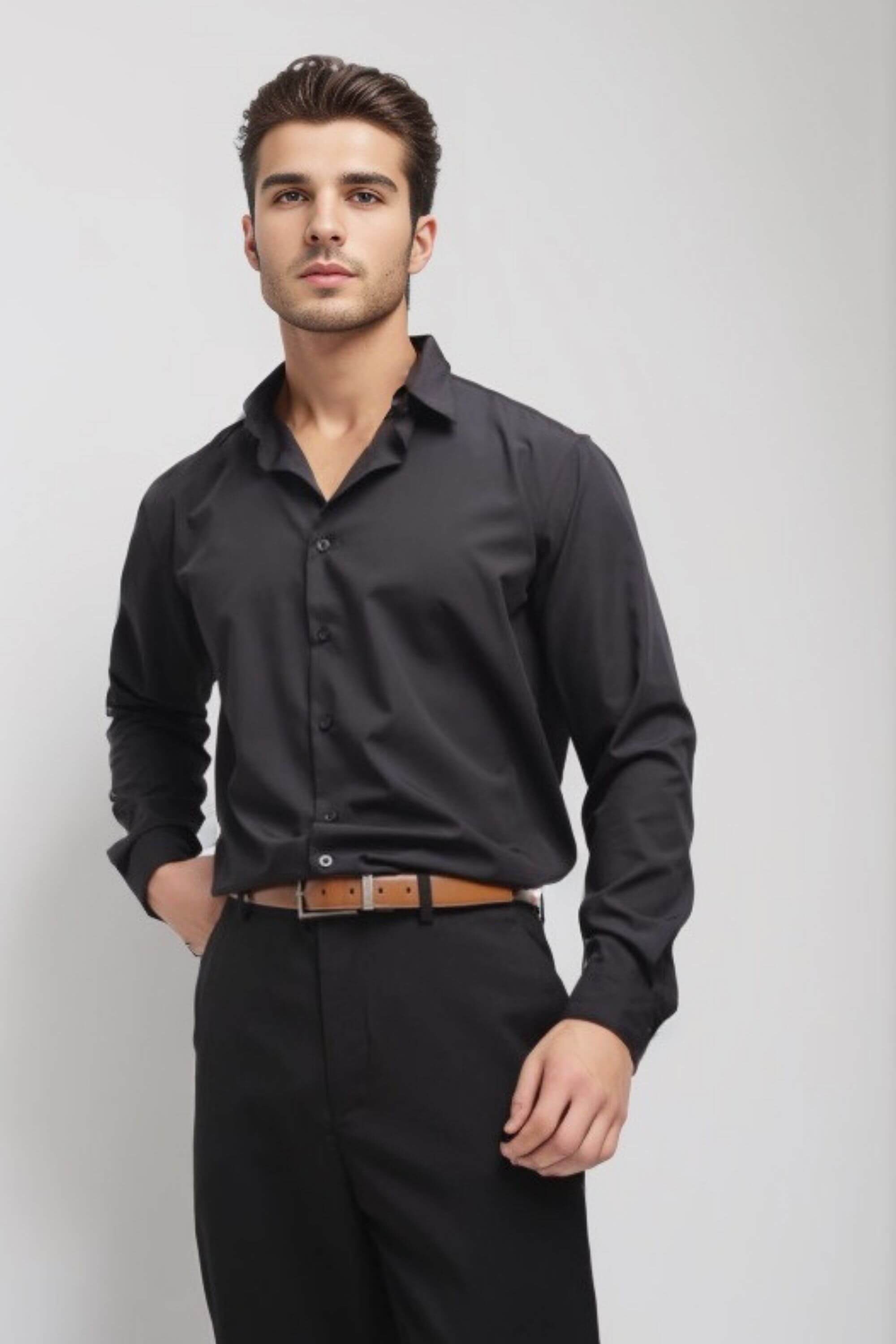 riviera bamboo shirt black front view on model and chino pant #color_black