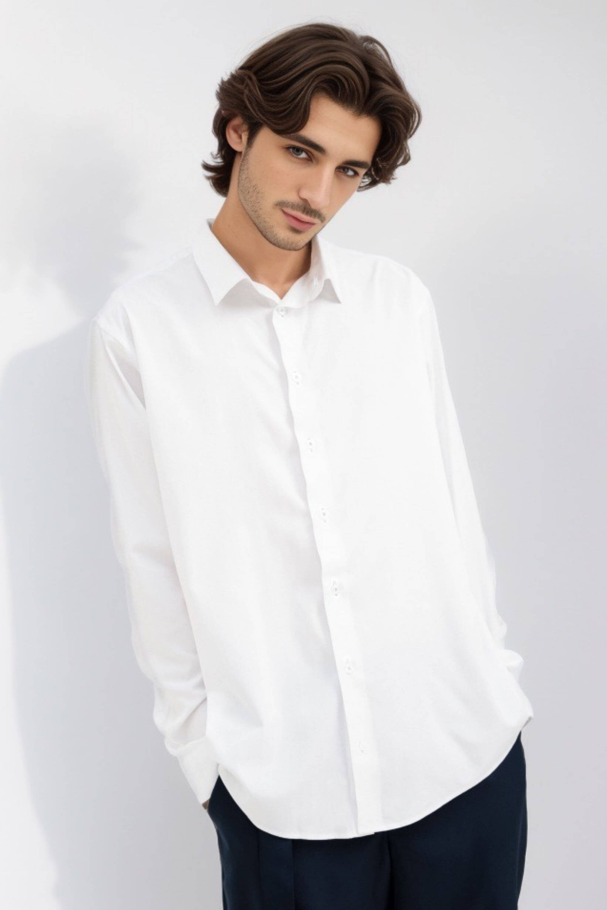 riviera bamboo shirt white long sleeve on model #color_white