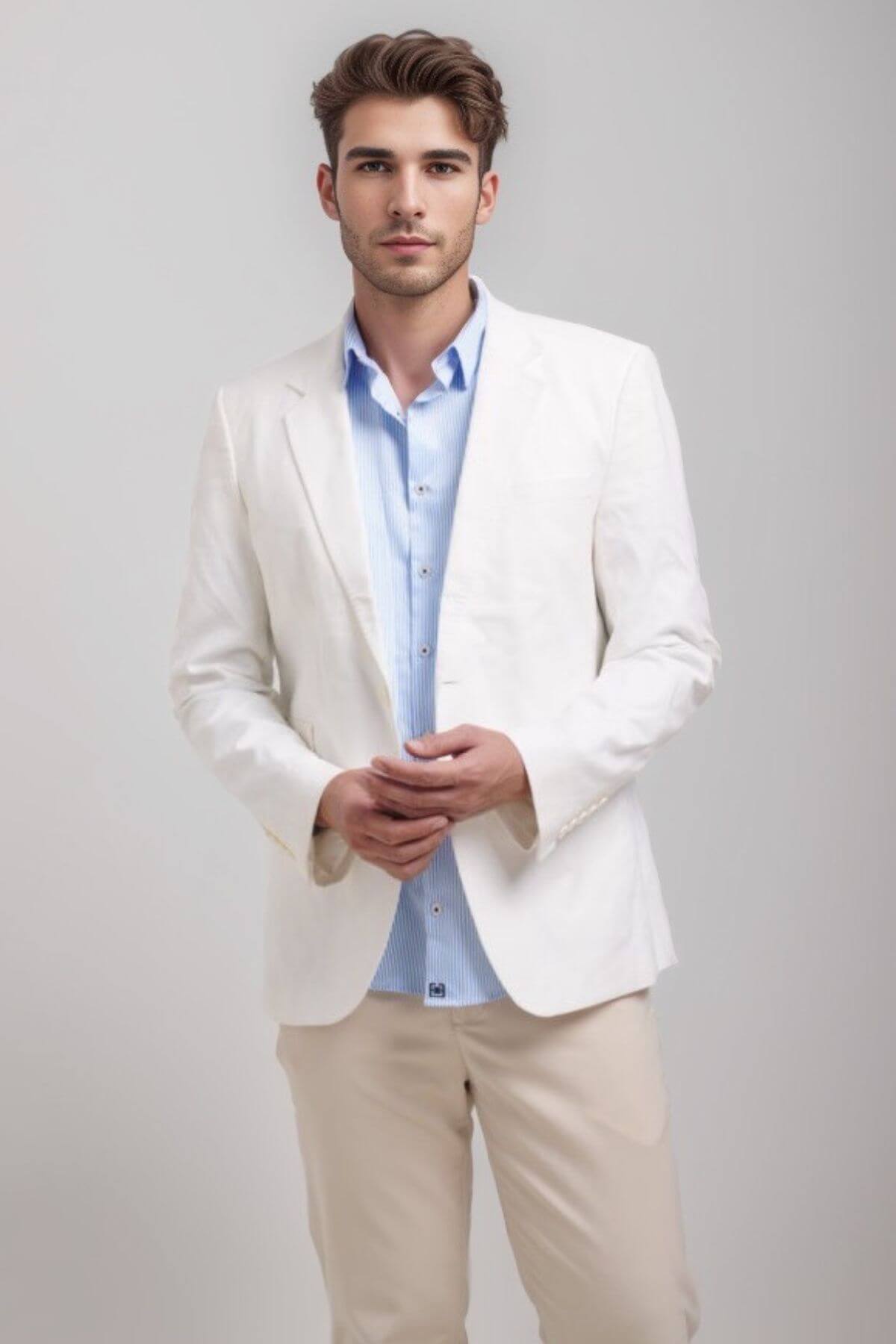 Elegant men’s outfit with Riviera striped shirt and blazer