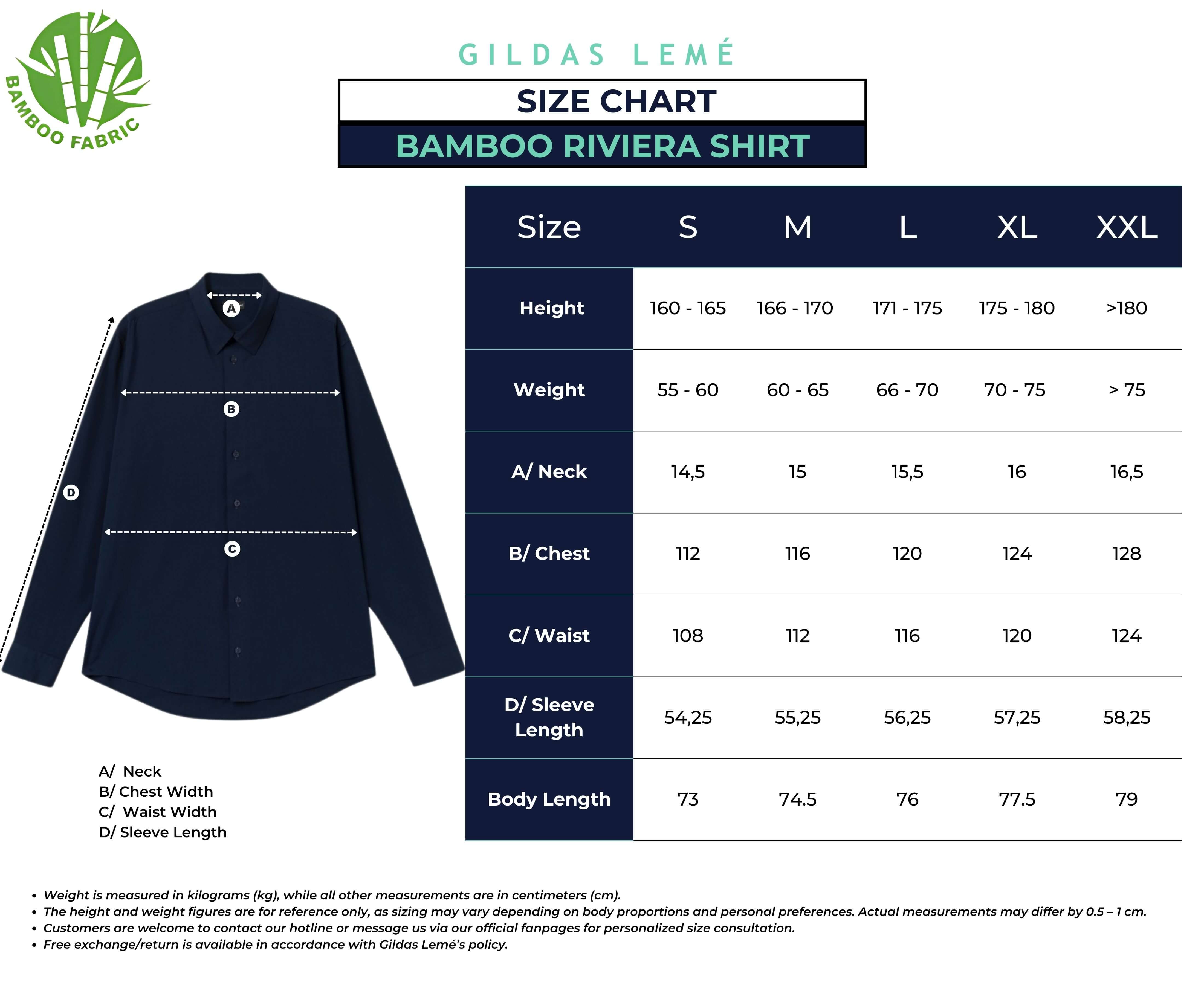 Bamboo Riviera Shirt Size Chart