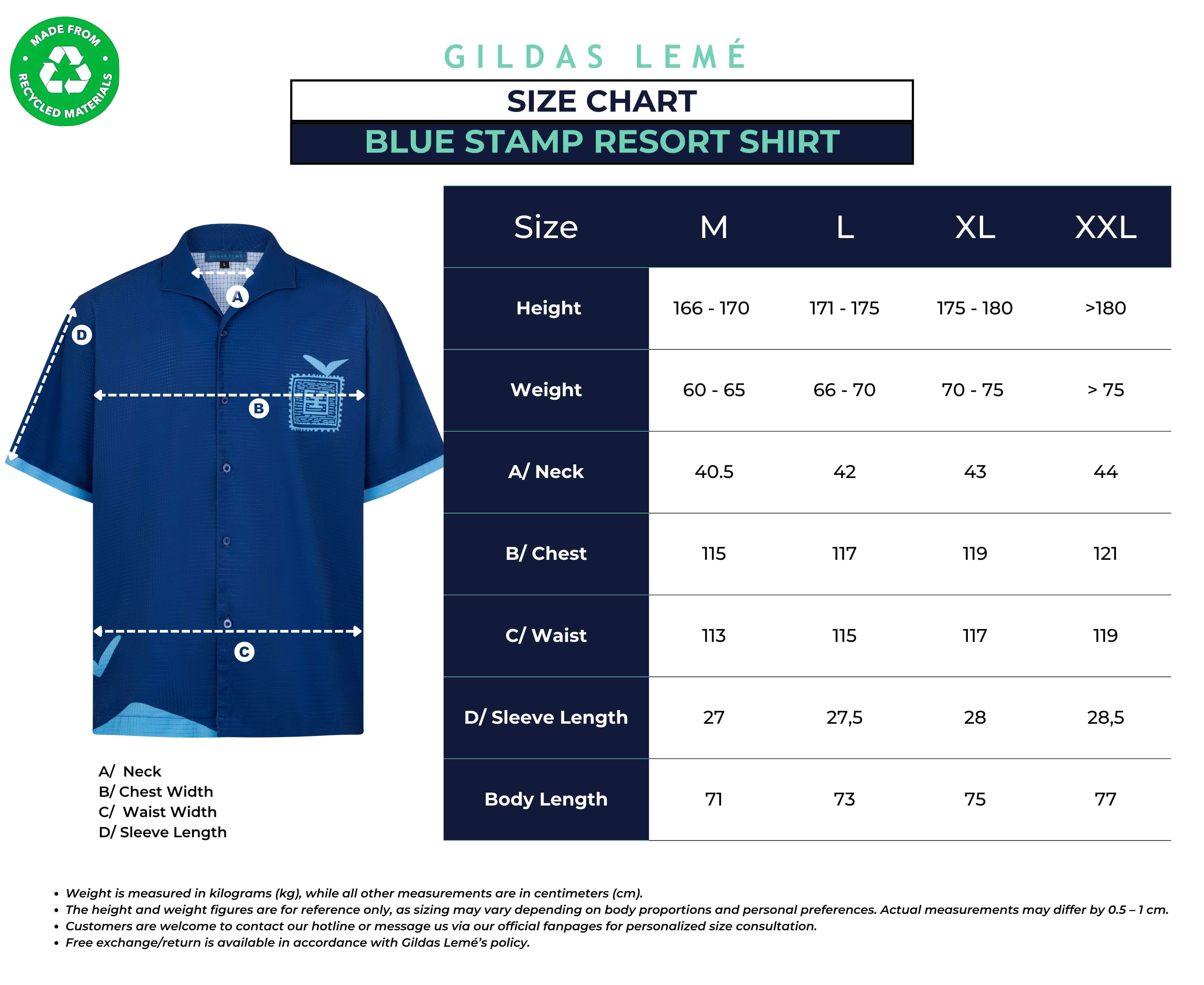 white blue stamp size chart resort shirt