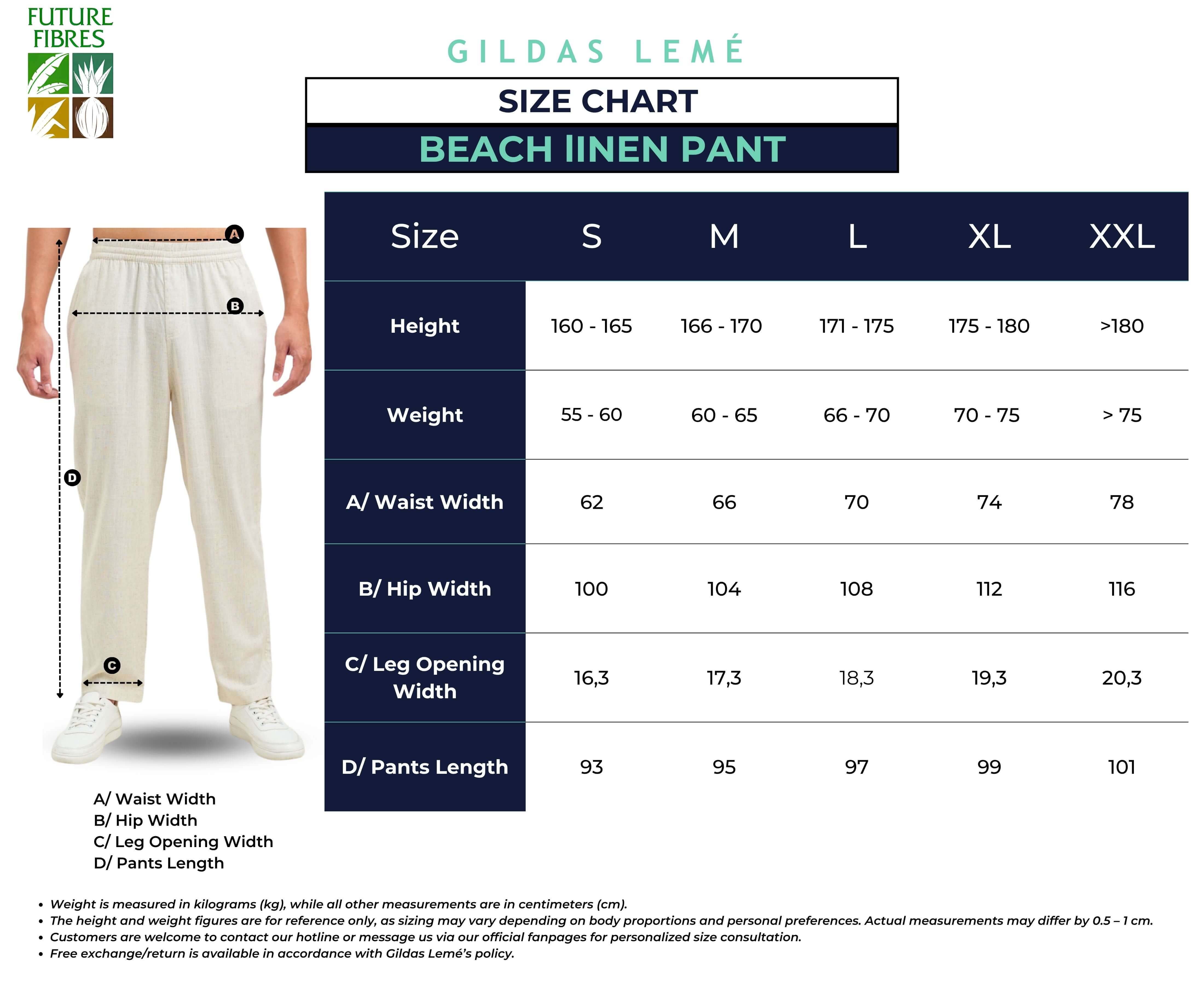 Linen Beach Size Chart Pants