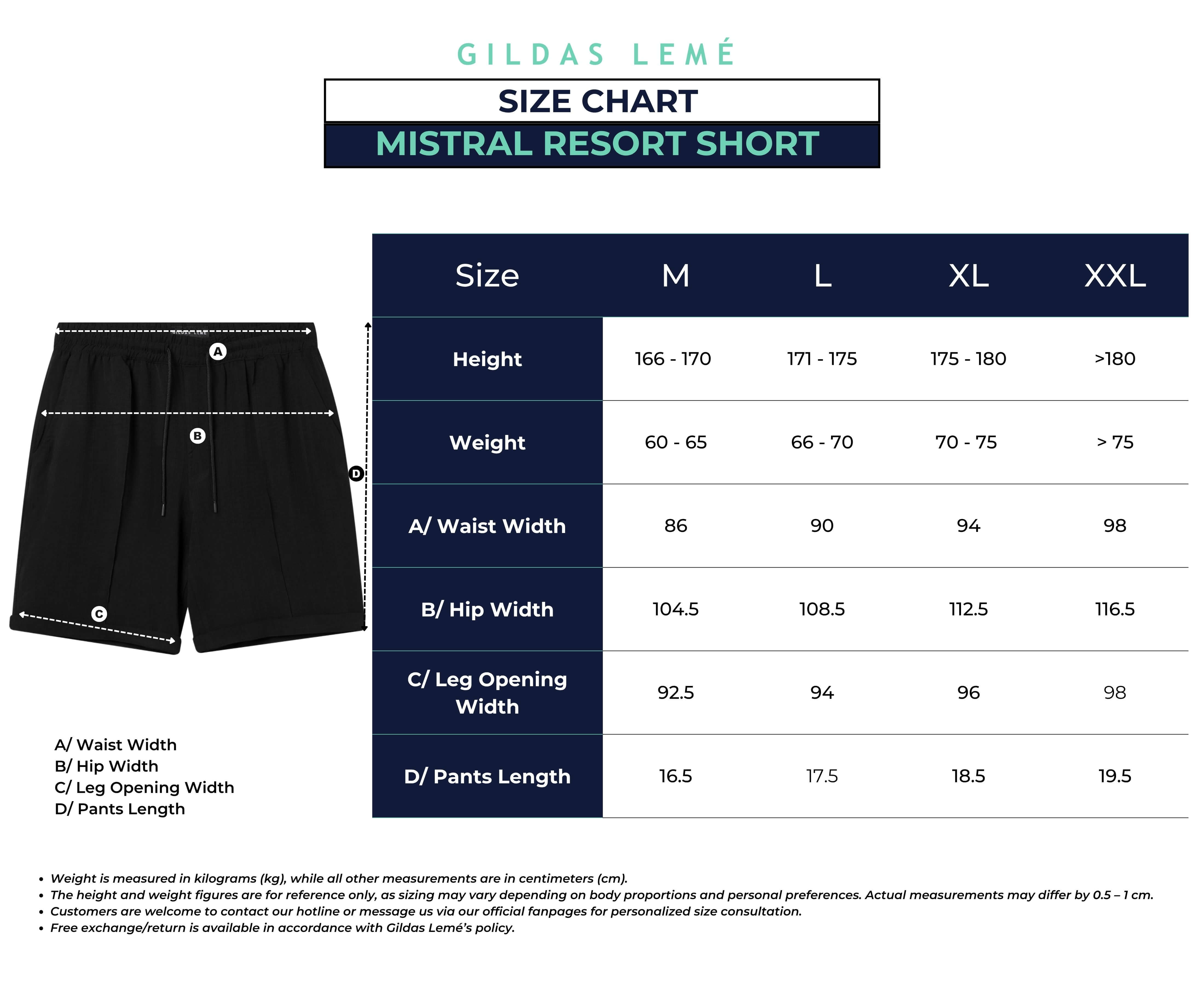 black mistral resort short size chart