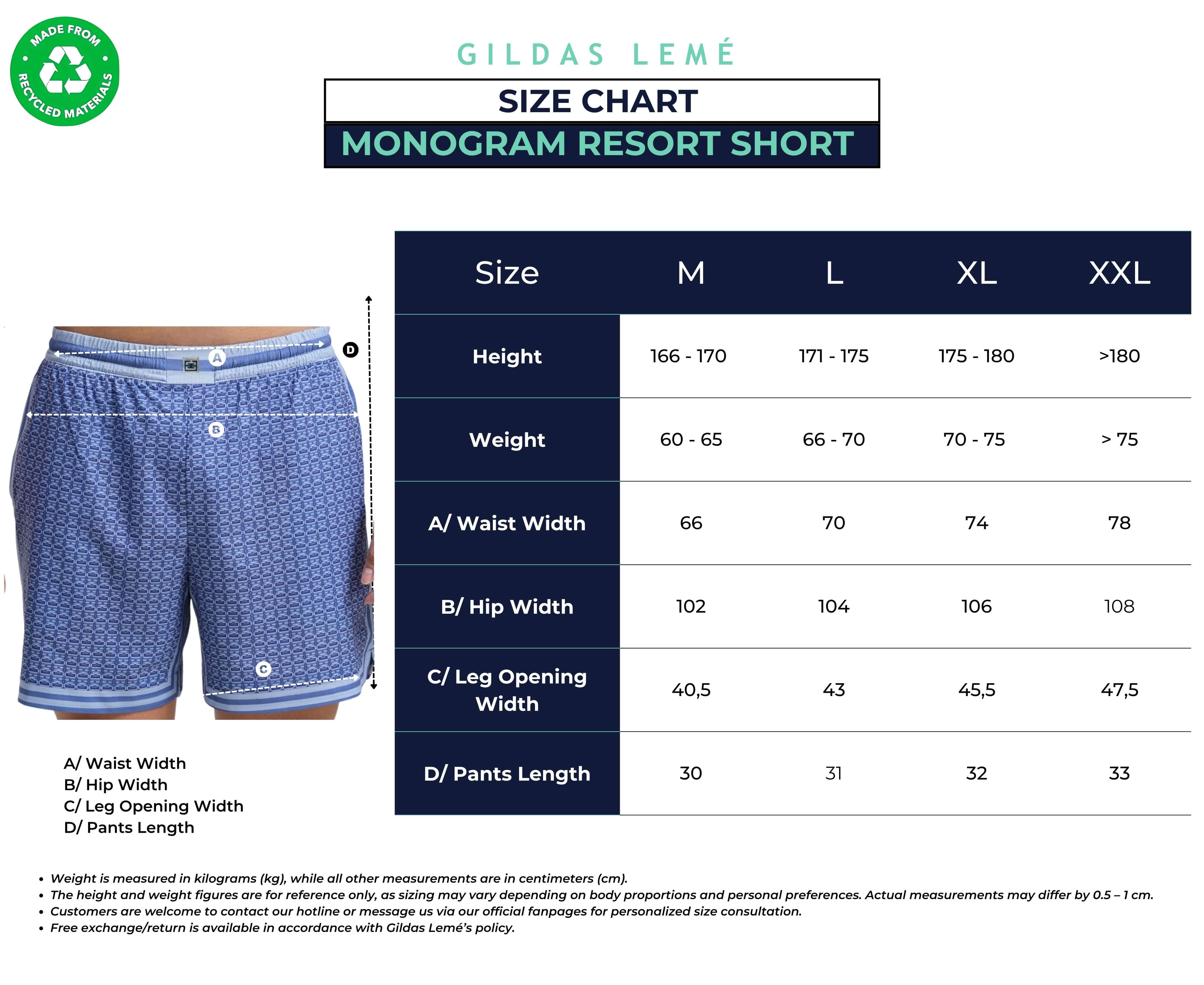 Monogram resort short size chart