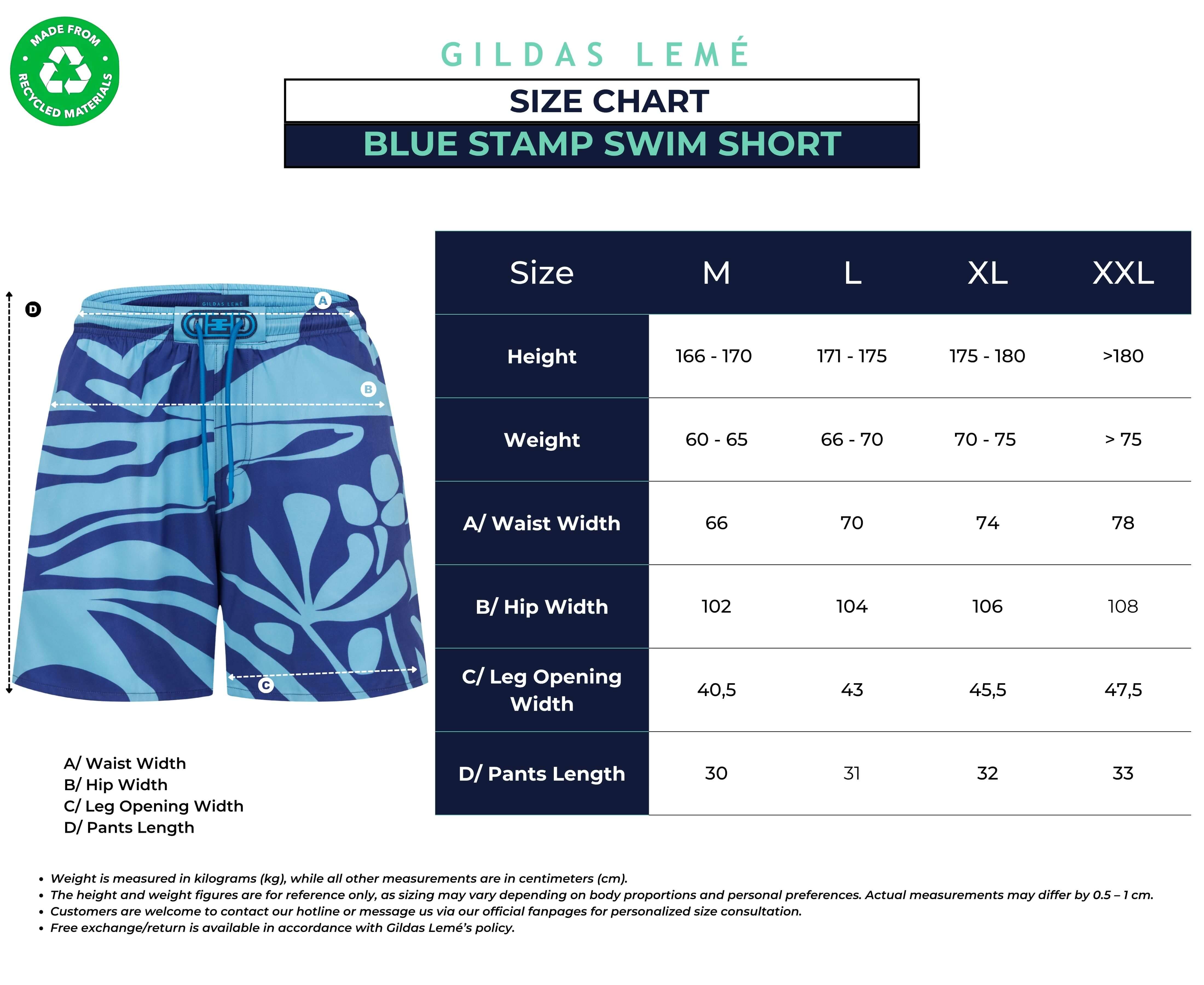 Navy Blue Stamp Size Chart Resort Short