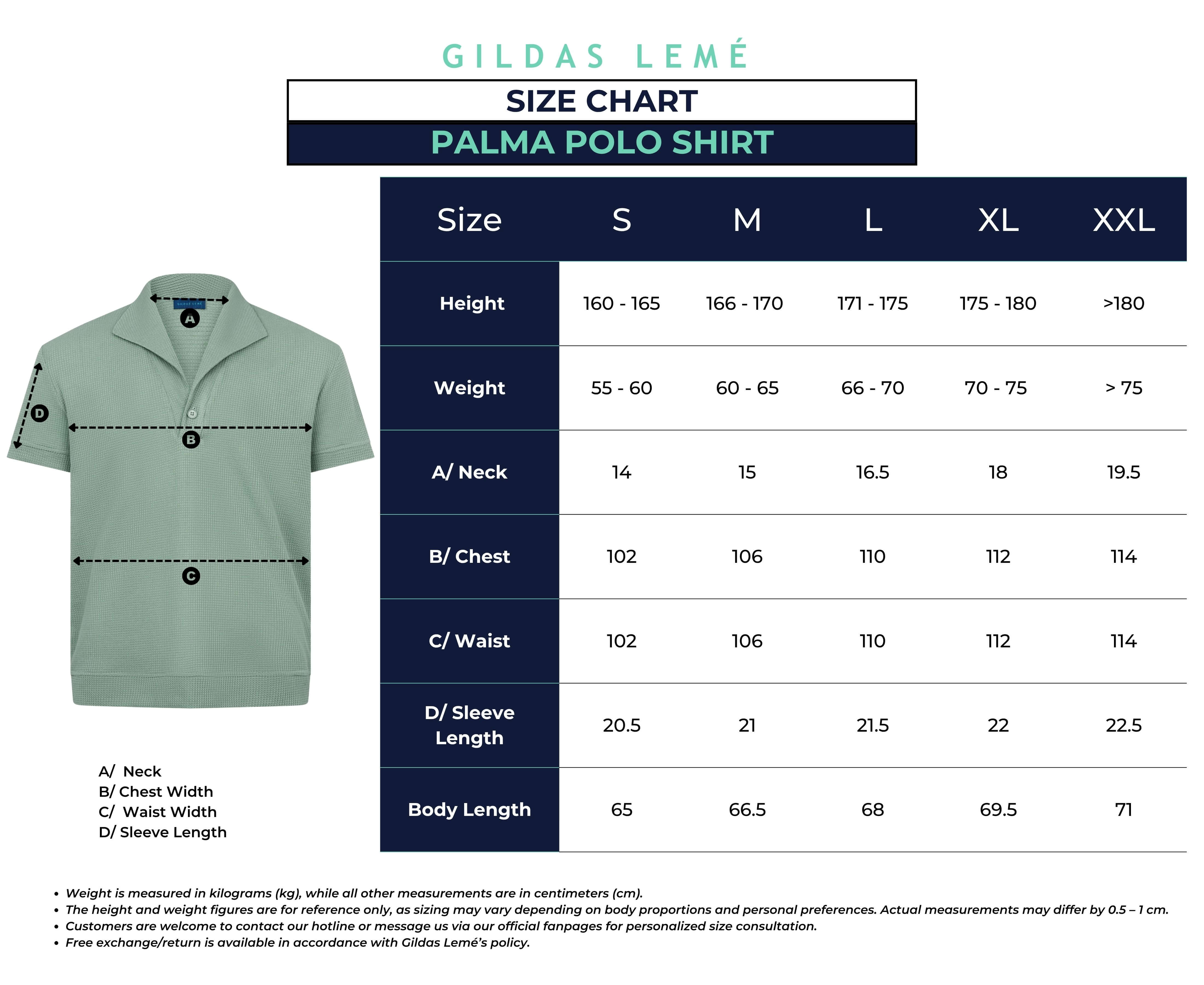 palma size chart polo shirt