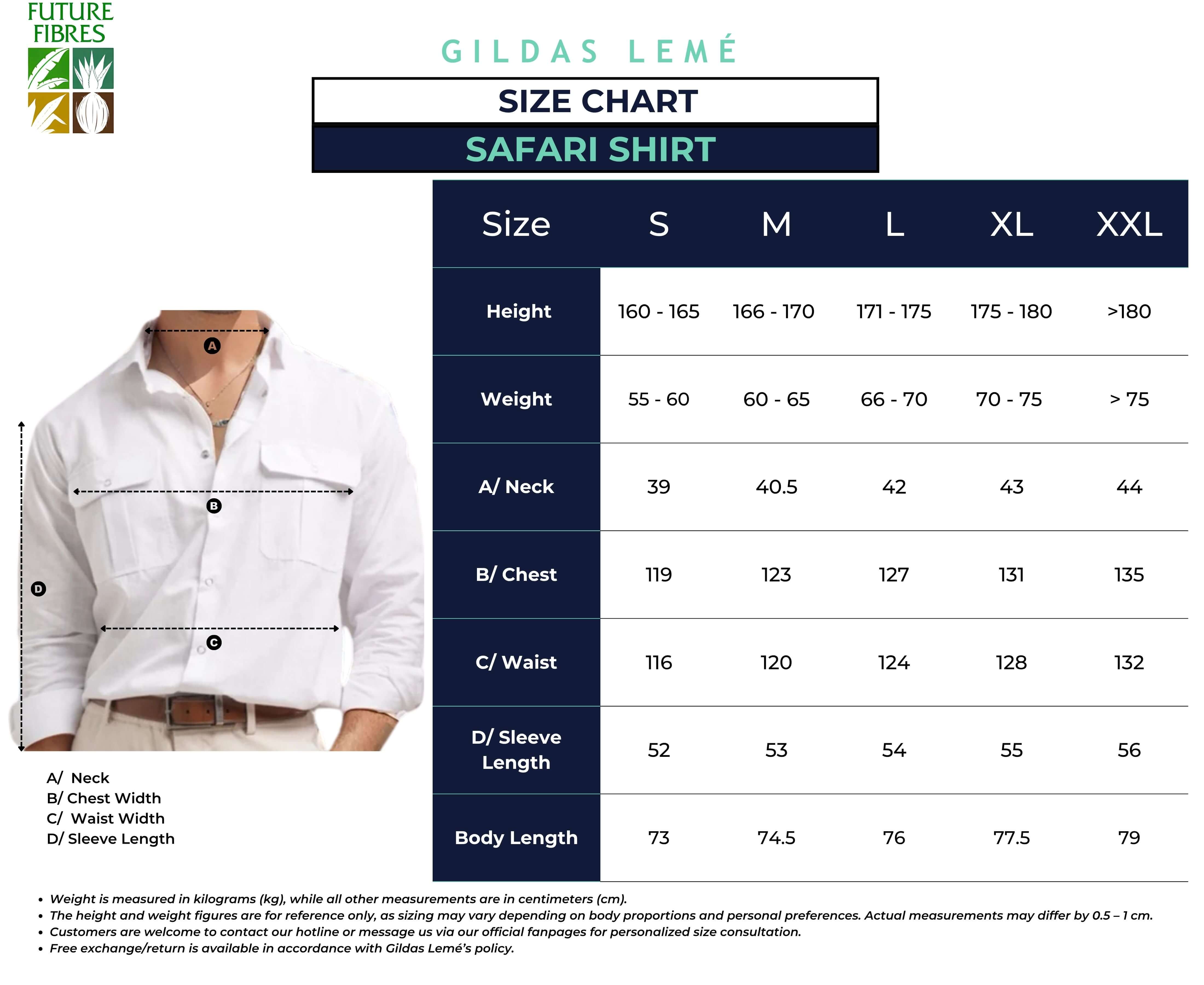 Safari shirt size chart