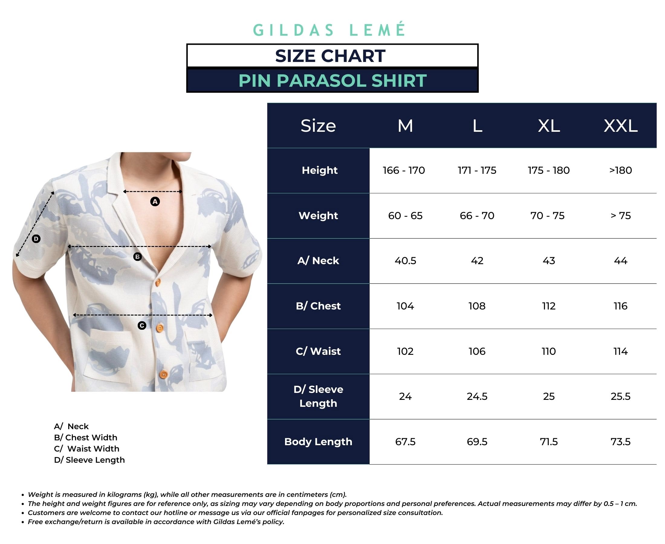 size chart pin shirt