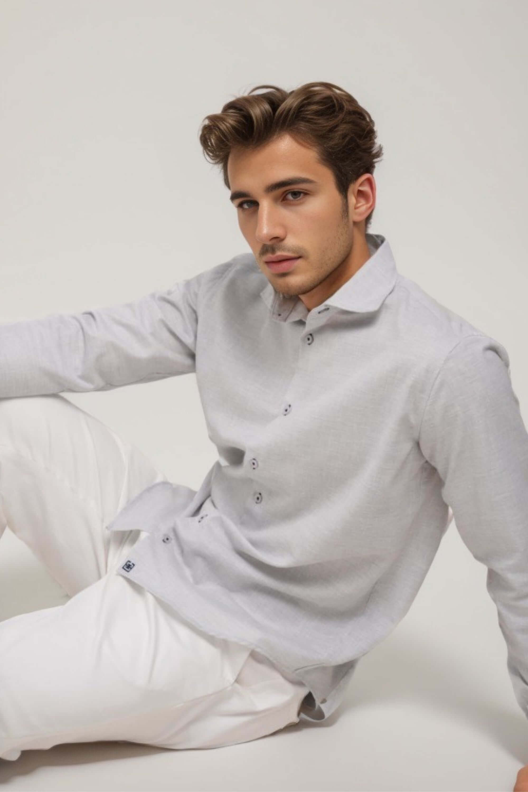 st.raphael linen shirt on model