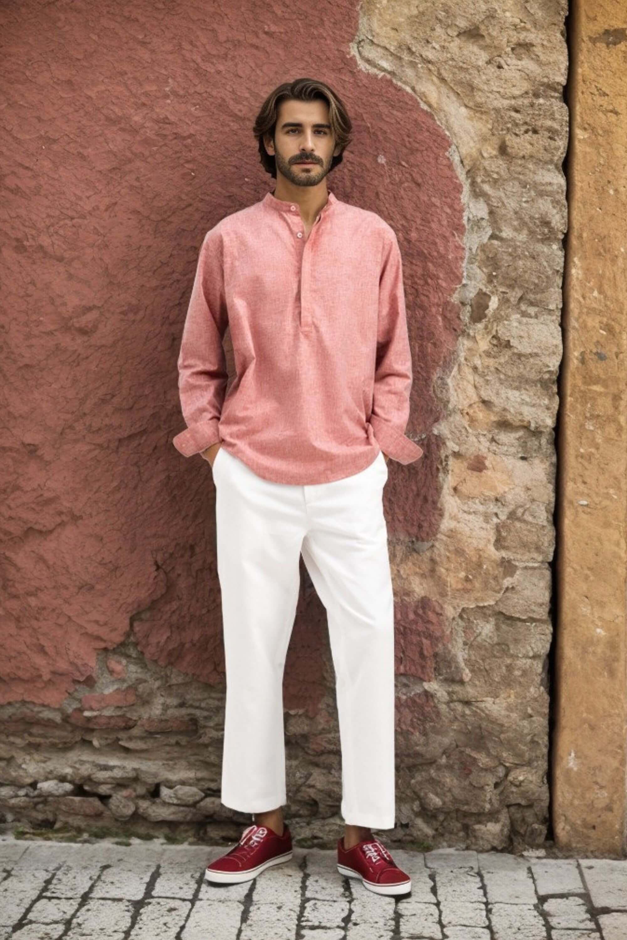 tet linen mandarin collar shirt on model #color_red brick