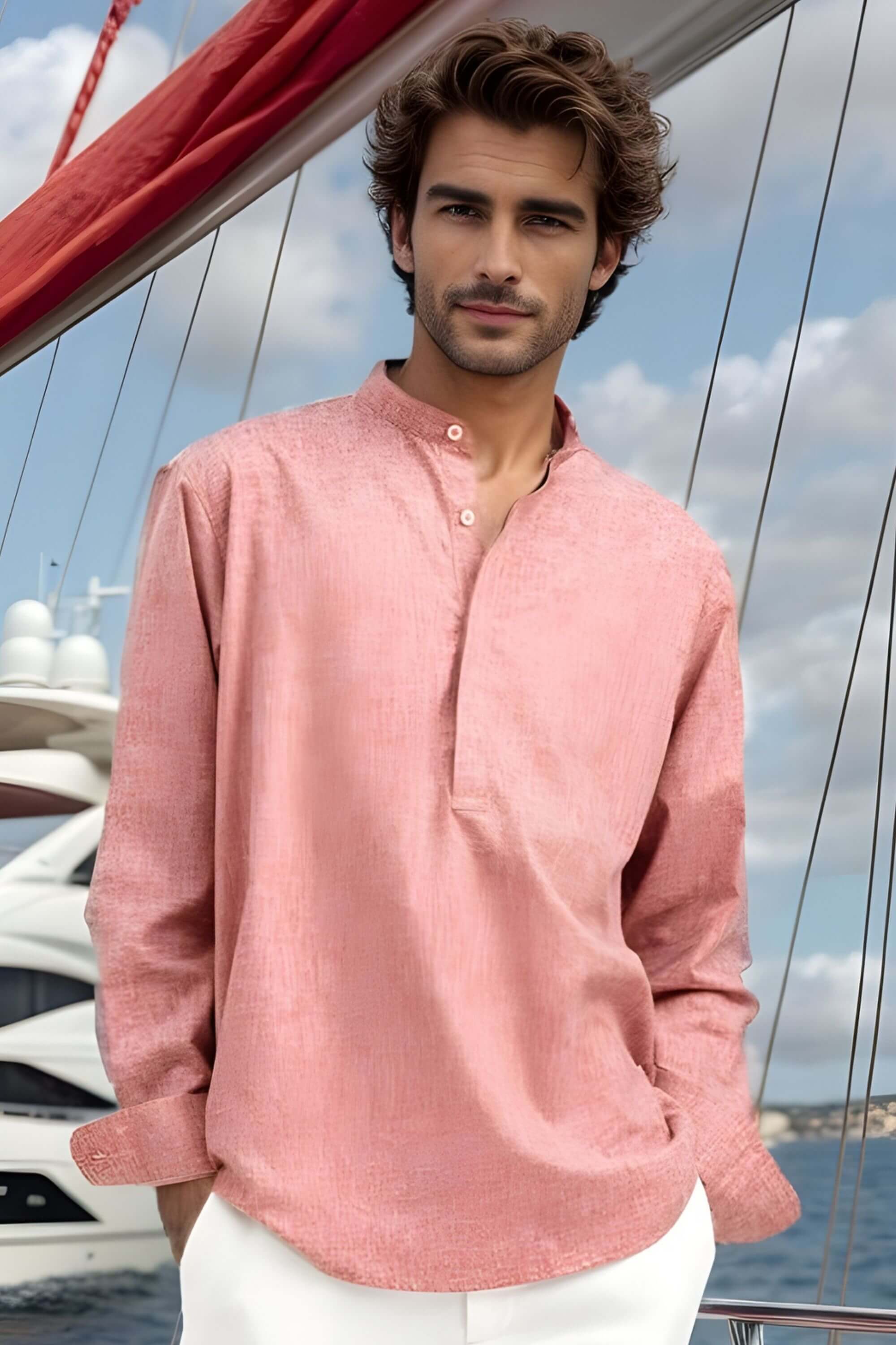 tet linen mandarin collar shirt #color_red brick