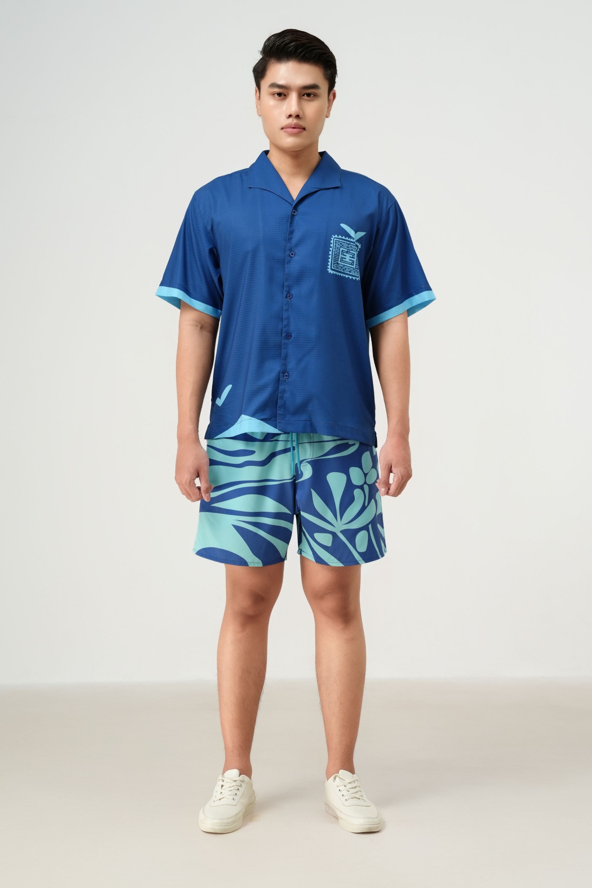 BLUE STAMP POLYESTER NAVY RESORT SET