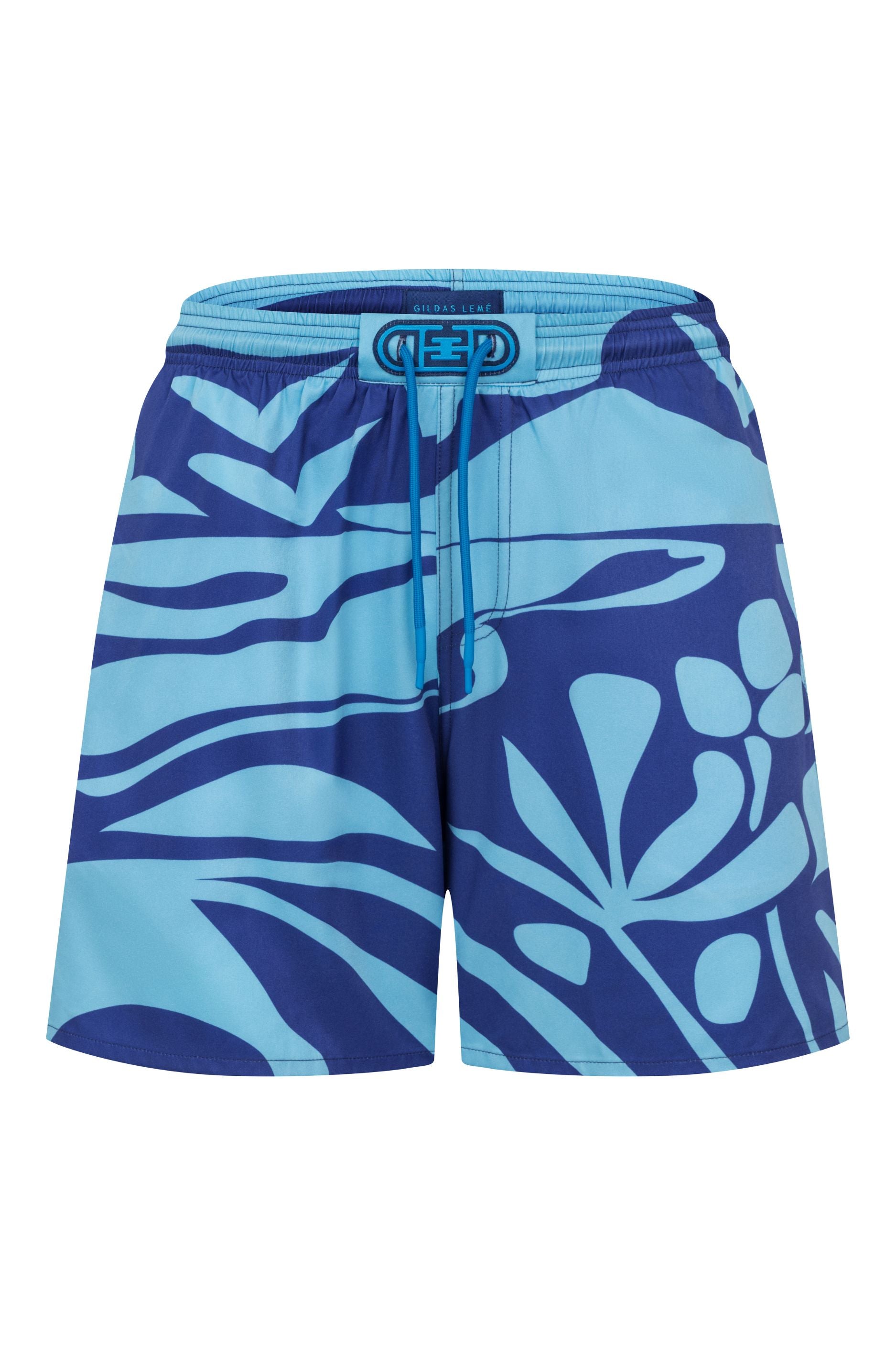 FRONT VIEW OF THE BLUE STAMP SWIM SHORT OCEAN BLUE