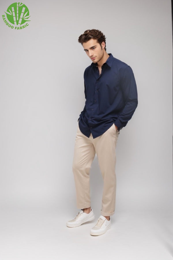 FRONT VIEW OF THE RIVIERA BAMBOO NAVY SHIRT