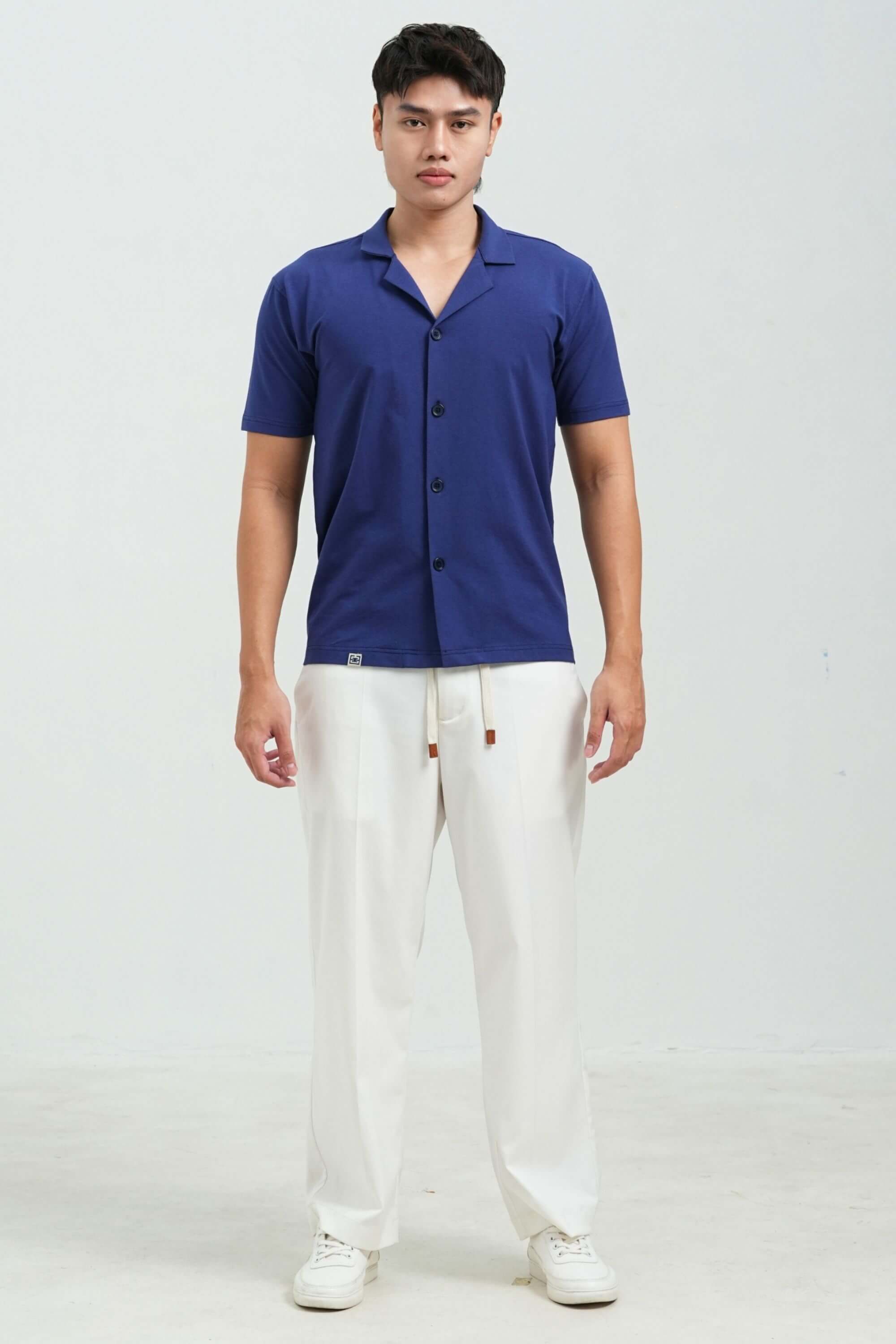 bamboo cuban shirt navy front view on model