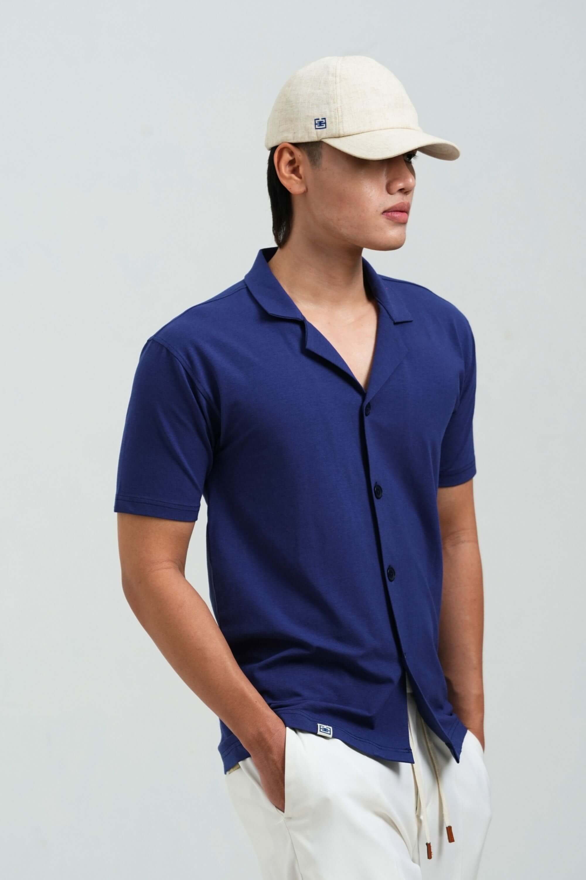 bamboo cuban shirt navy side view 