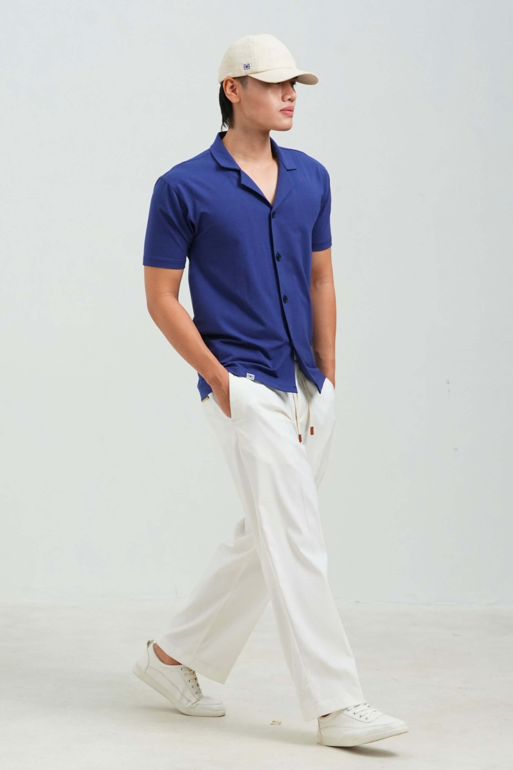 bamboo cuban shirt navy view on model