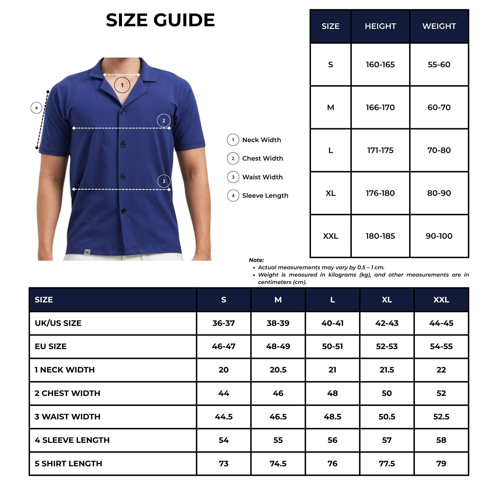 bamboo cuban shirt size chart