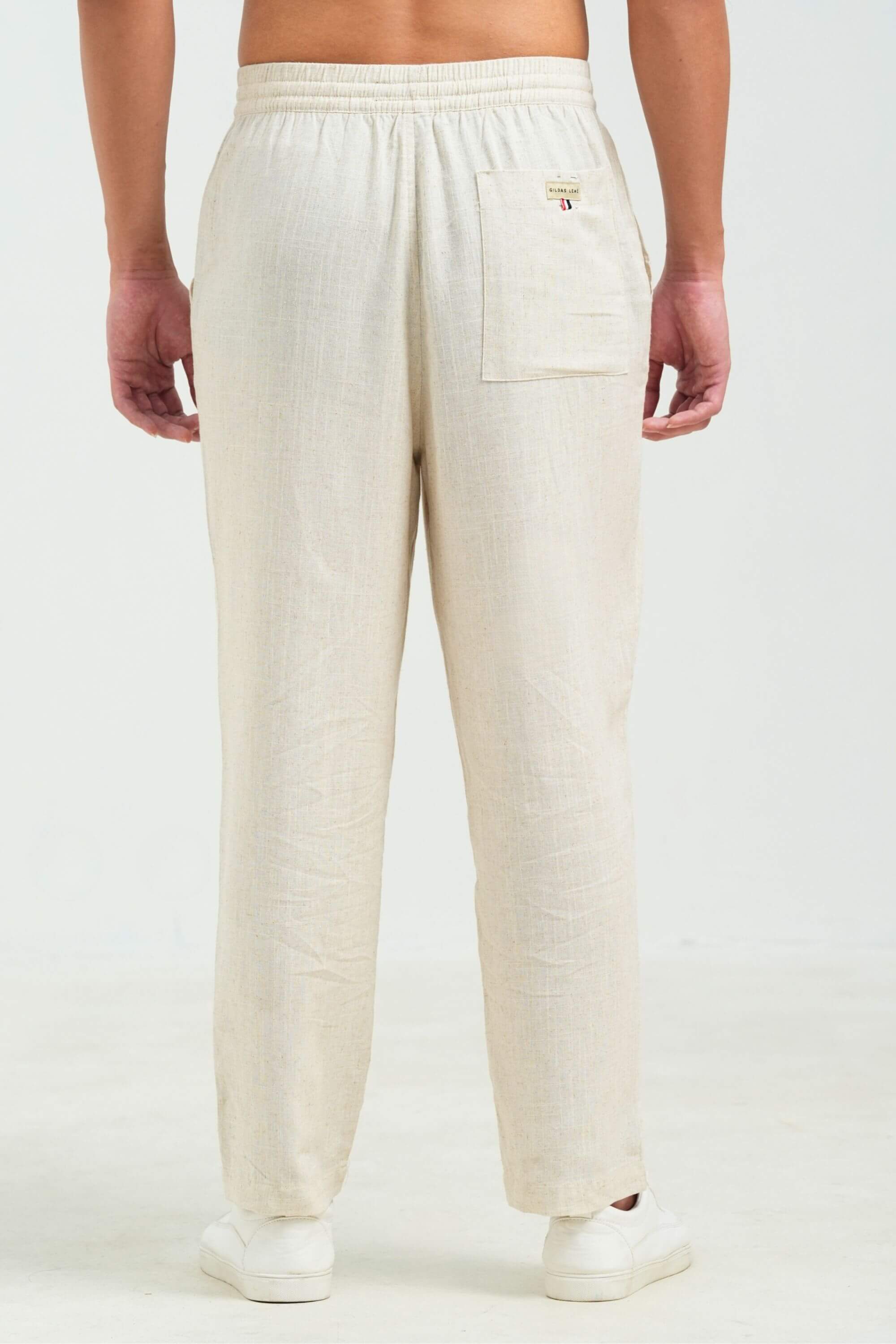 beach linen pant beige back view on model