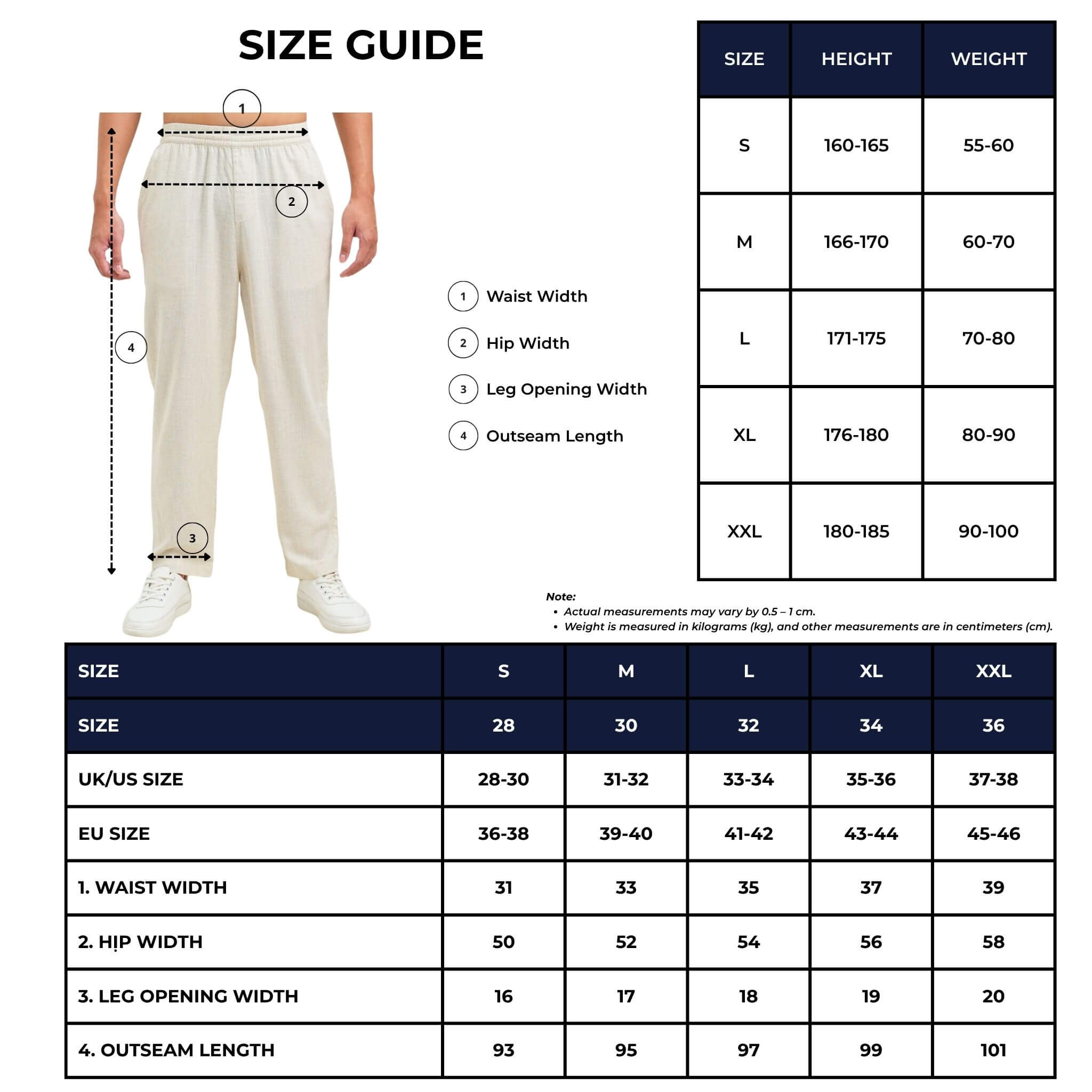 beach linen pant size chart