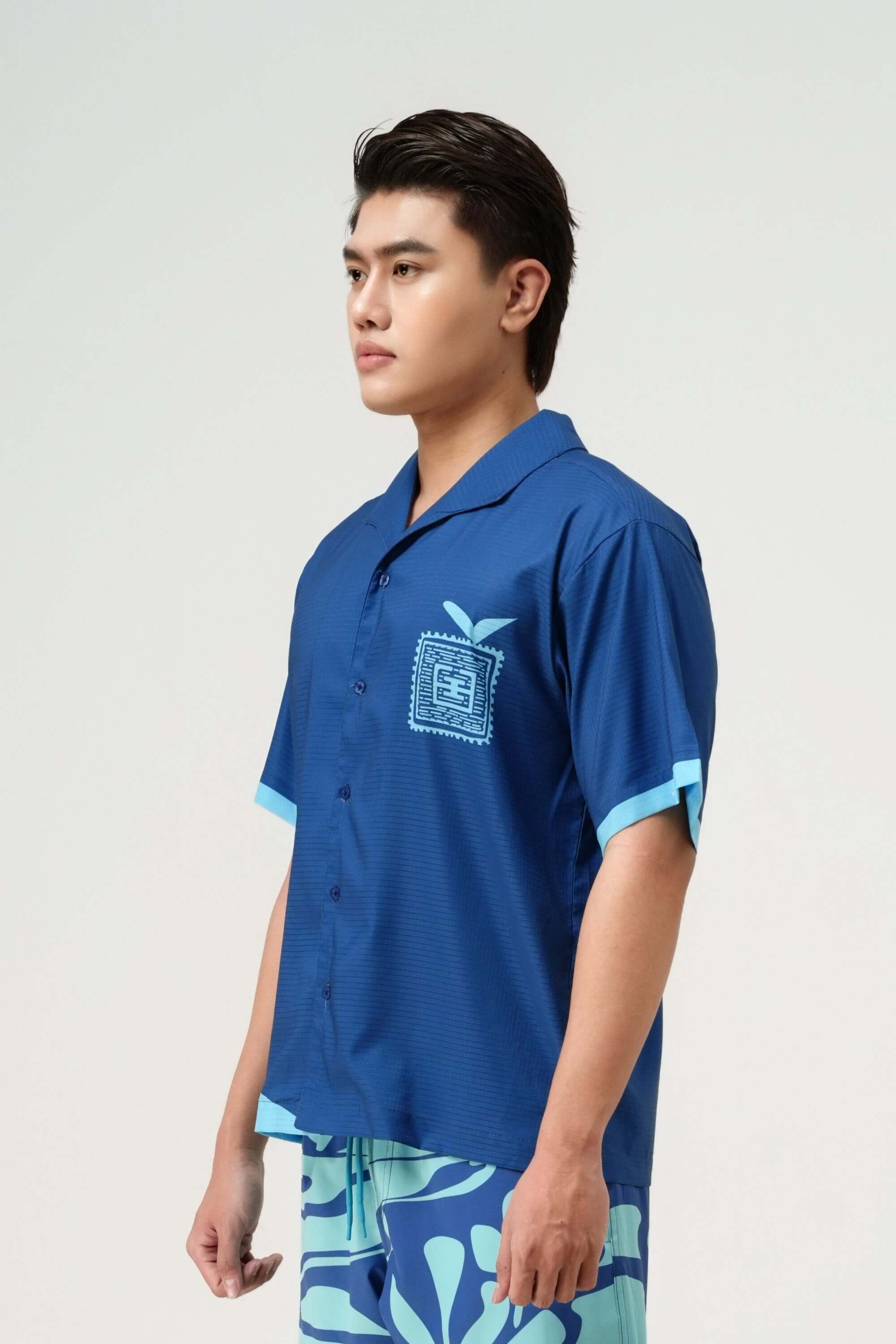 blue stamp resort shirt navy front view on model #color_navy