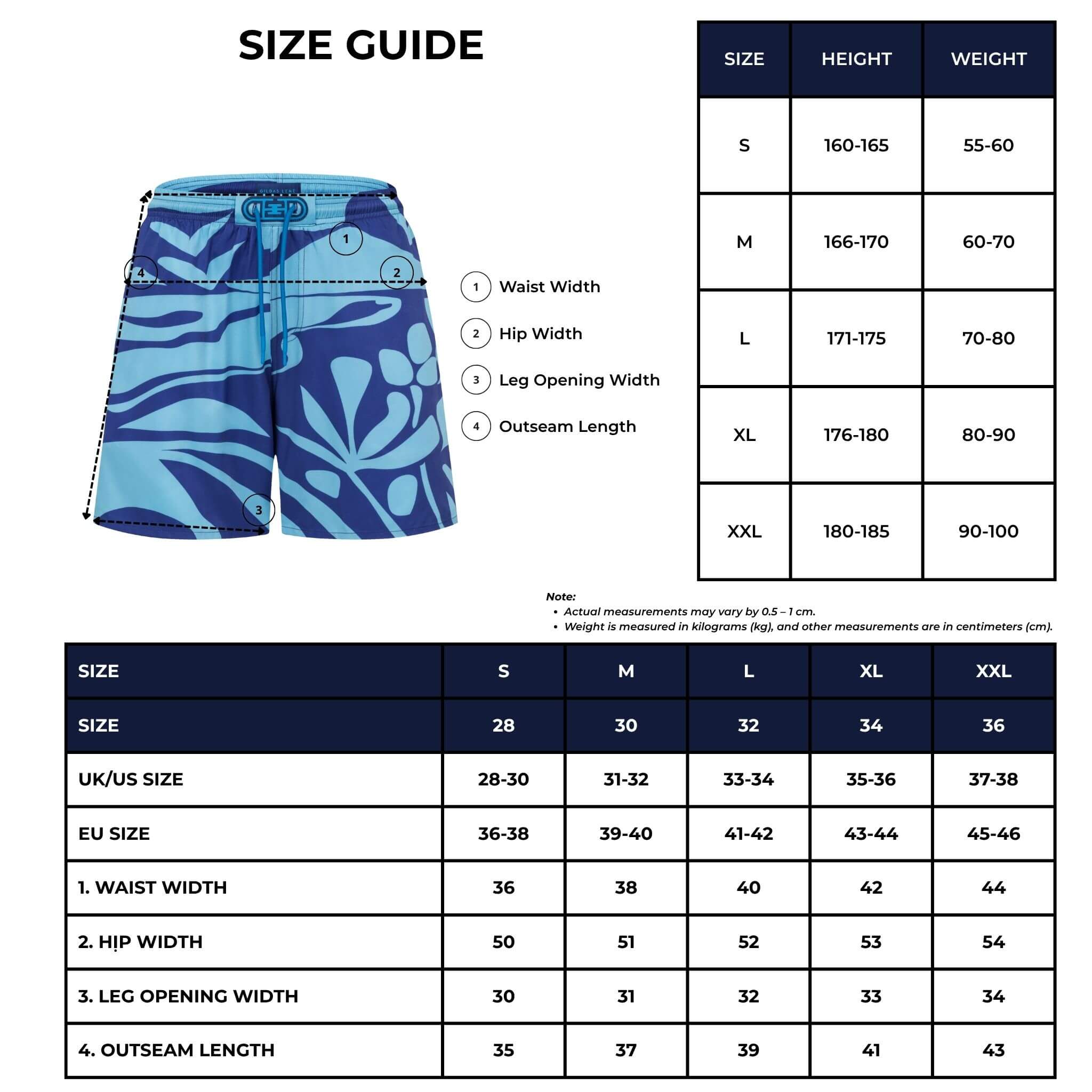 Size guide for blue stamp swim trunk with corresponding measurements.