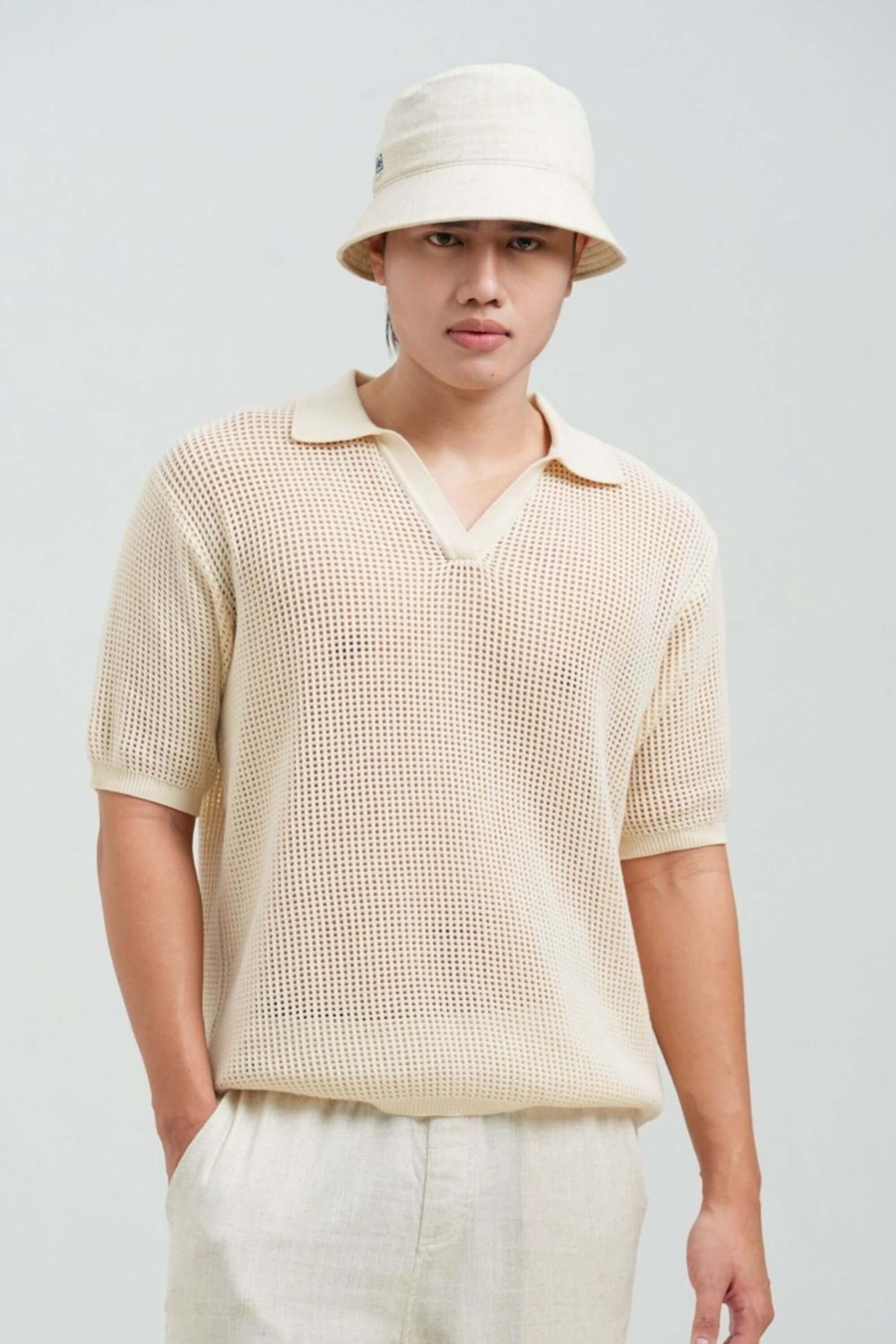 coast knit polo shirt beige front view on model