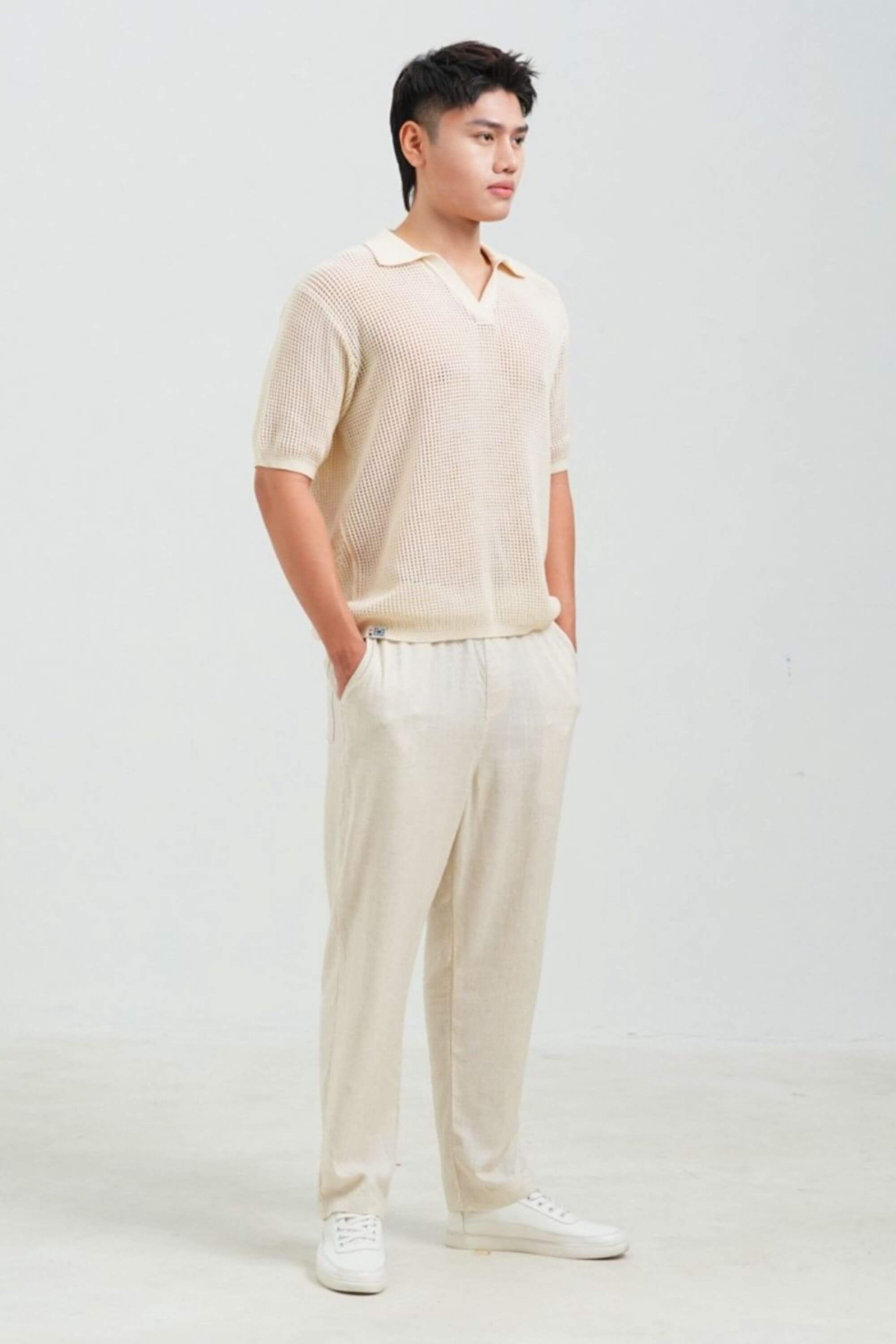 coast knit polo shirt beige full set side view on model