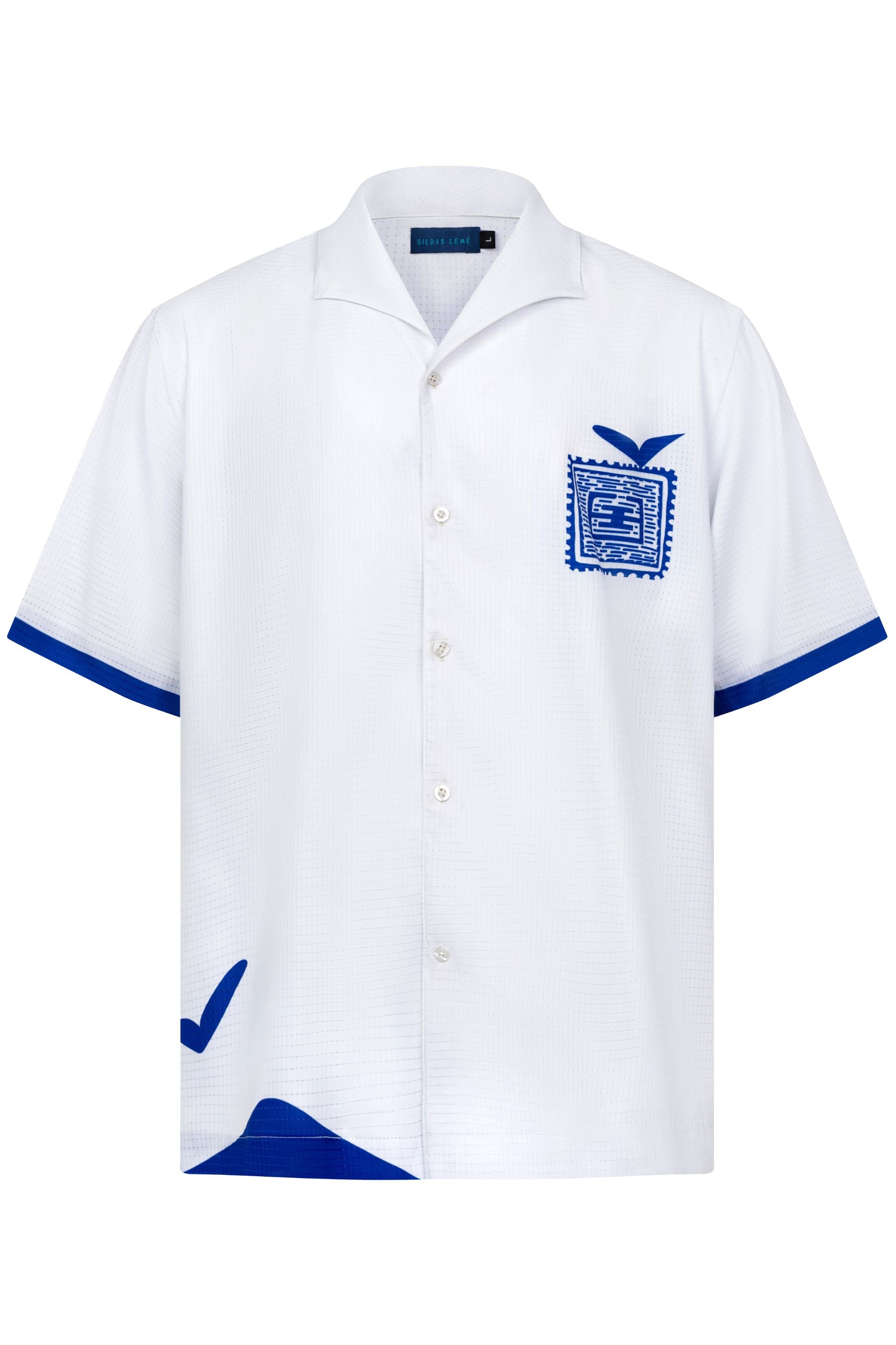 front view of the blue stamp white