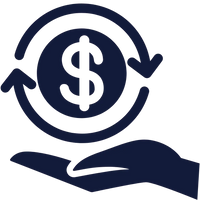 Navy blue icon of a hand holding a dollar sign with arrows, on a white background