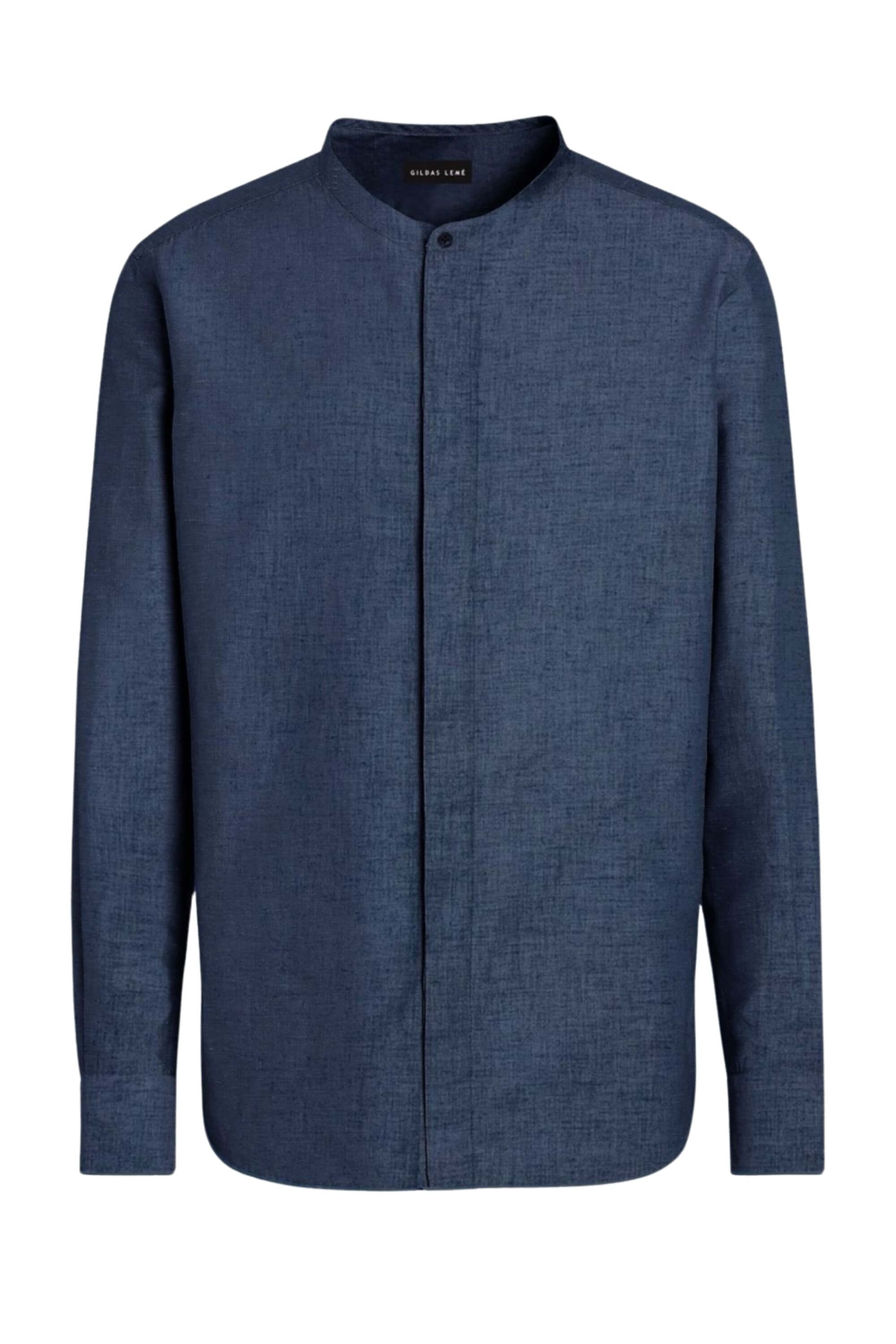 luxurious linen mandarin collar shirt front view #color_navy