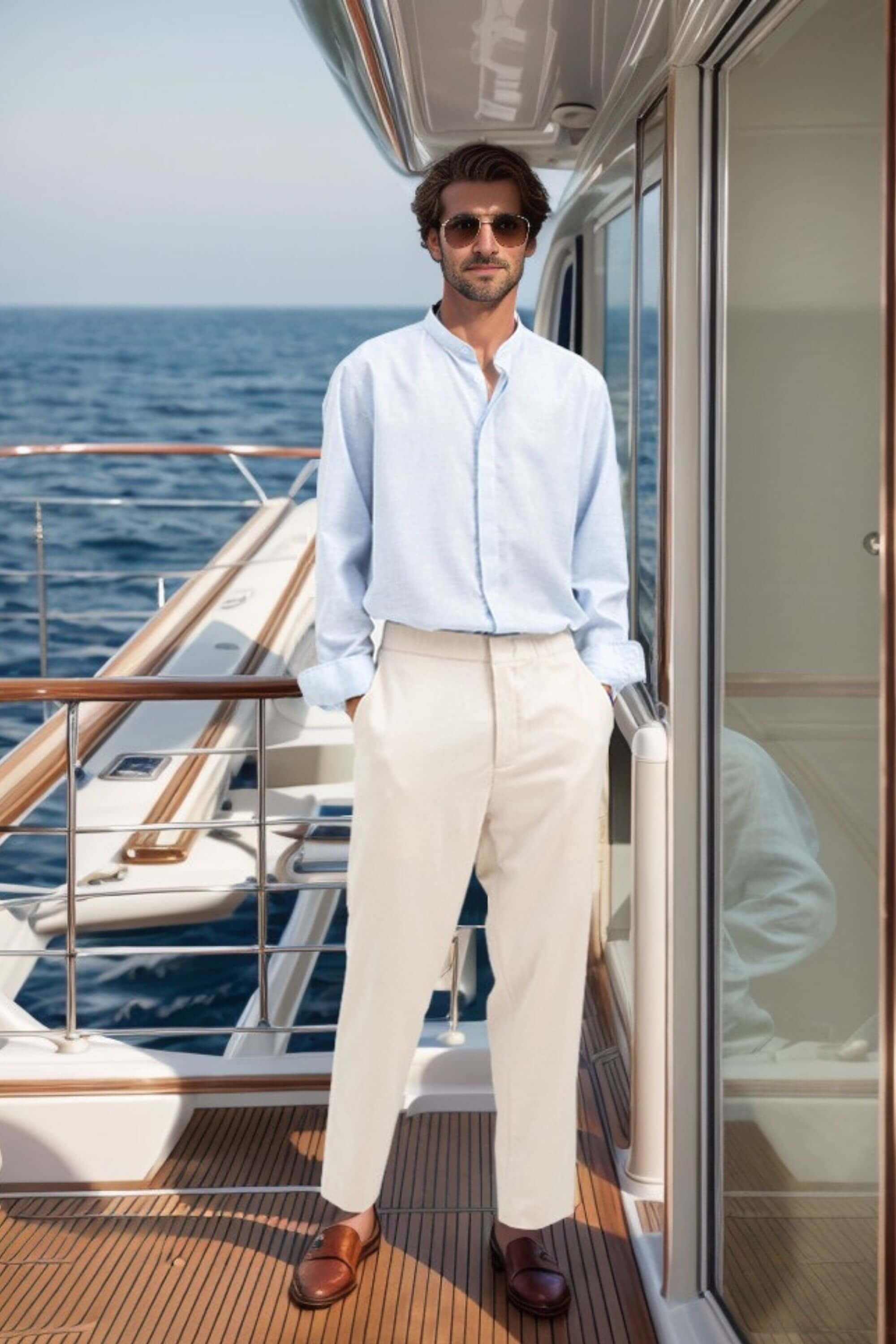 luxurious linen mandarin collar shirt light blue on model #color_light blue