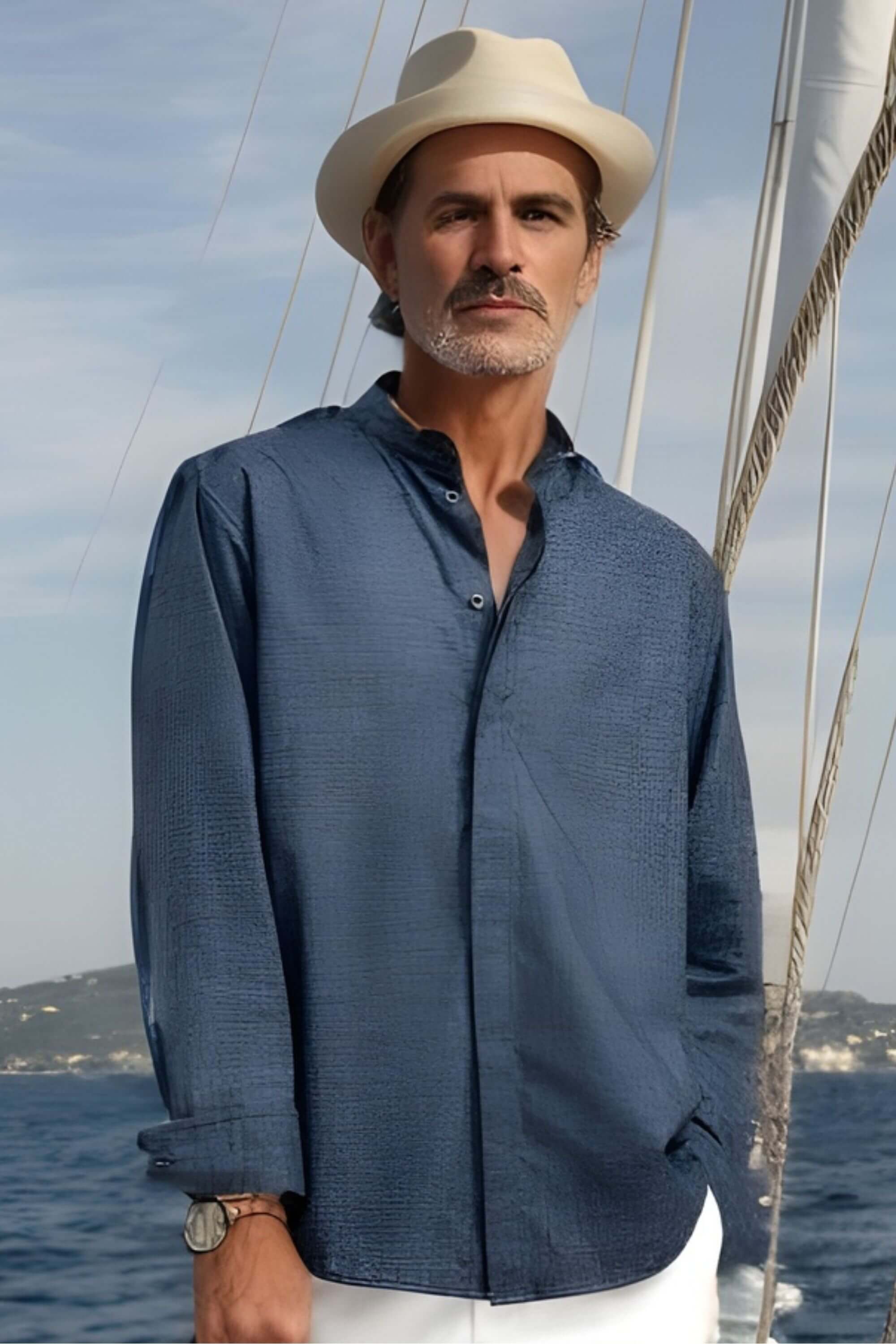 luxurious linen mandarin collar shirt #color_navy