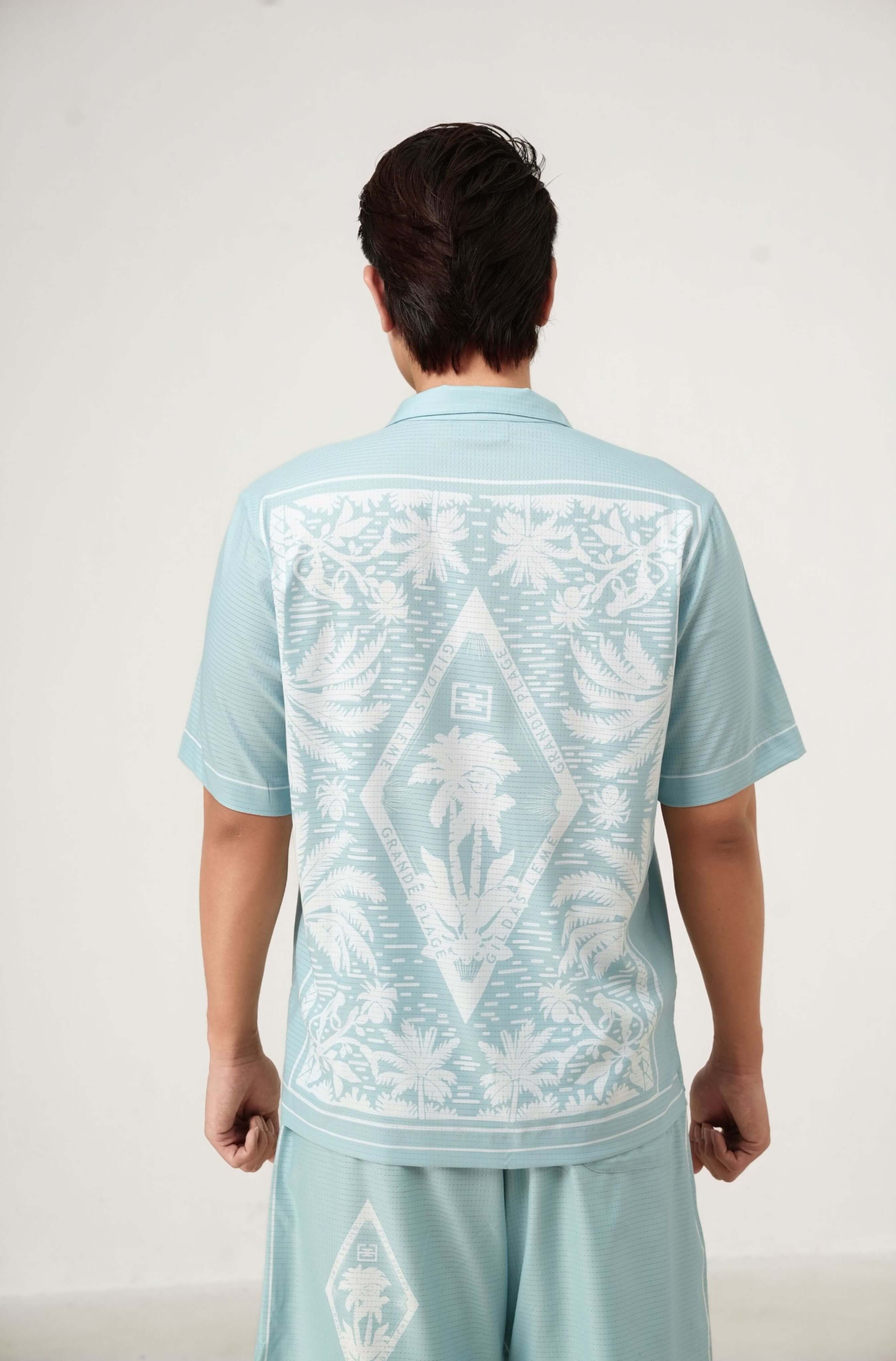 Real-life back view of men’s Pink Paradise resort shirt