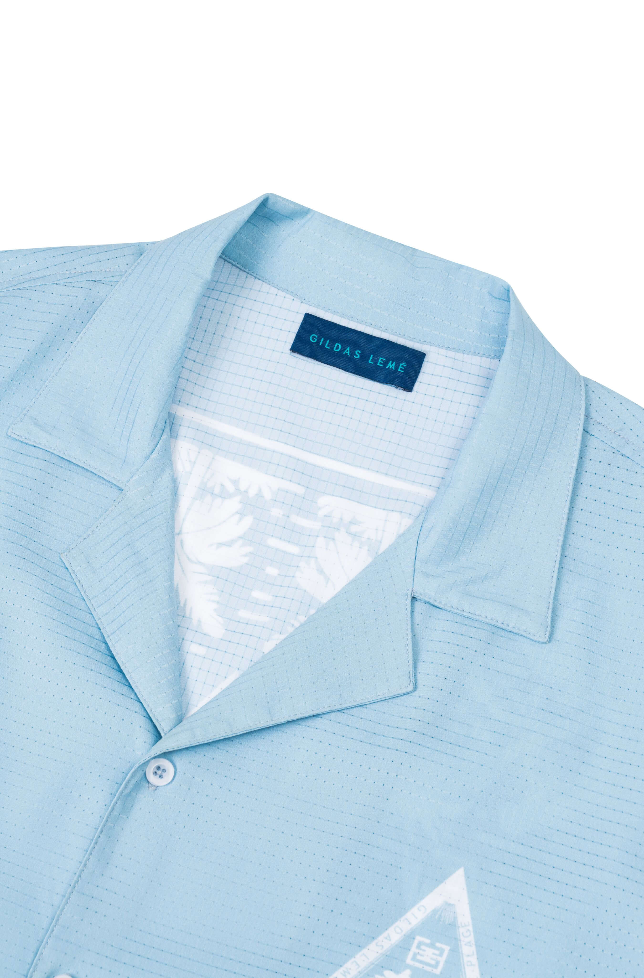 Collar detail of men’s Pink Paradise summer resort shirt