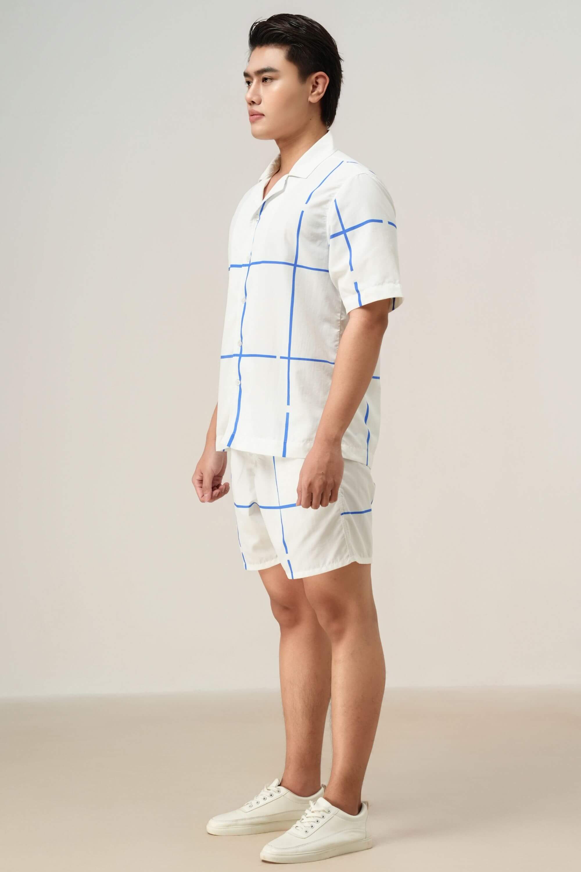 Men's Midnight Bath Resort Striped Set - Full outfit white with blue grid