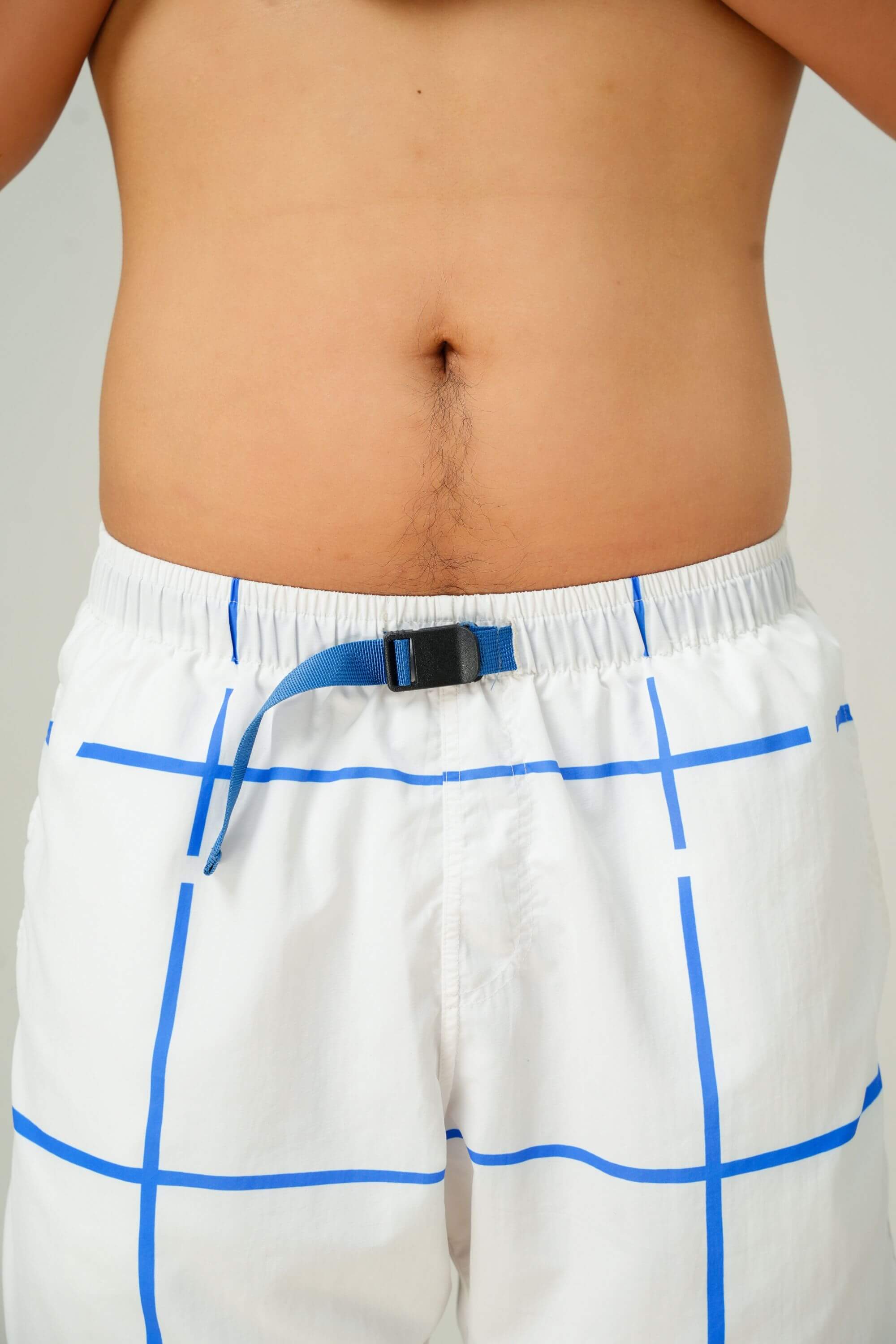 Midnight Bath Resort shorts - White with blue grid pattern and buckle