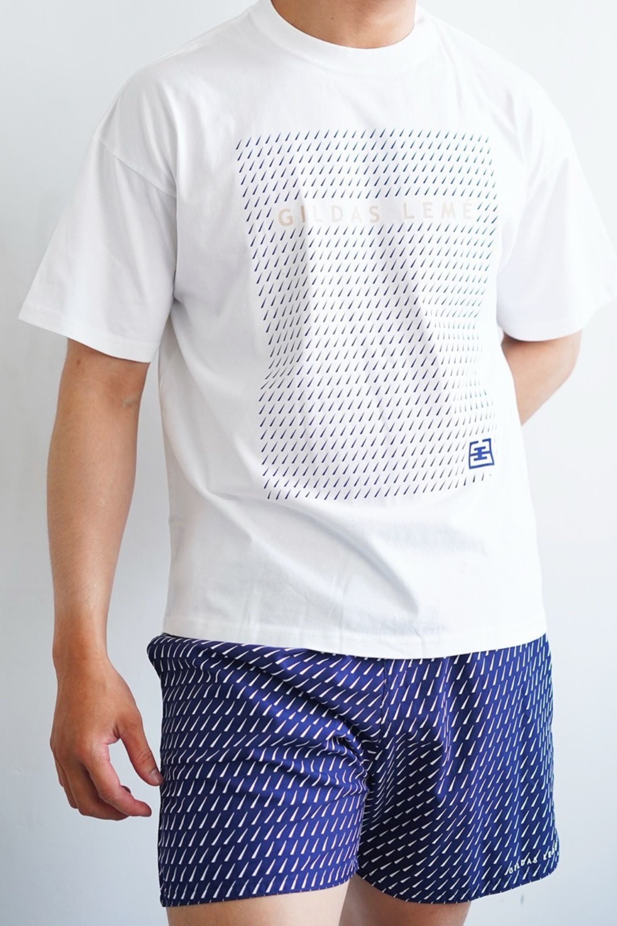  accent swim short model wearing the and t shirt #color_navy