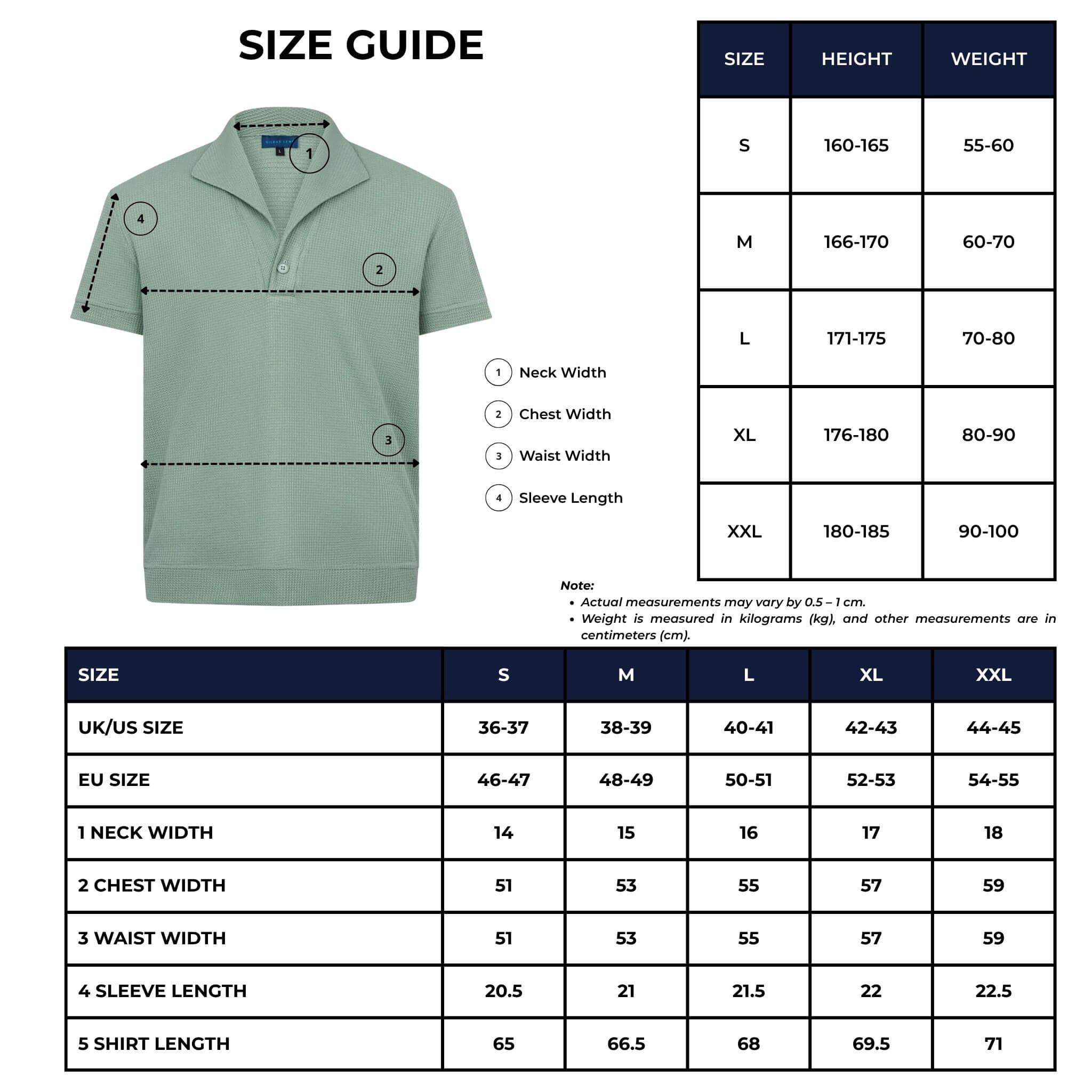 palma polo shirt size chart