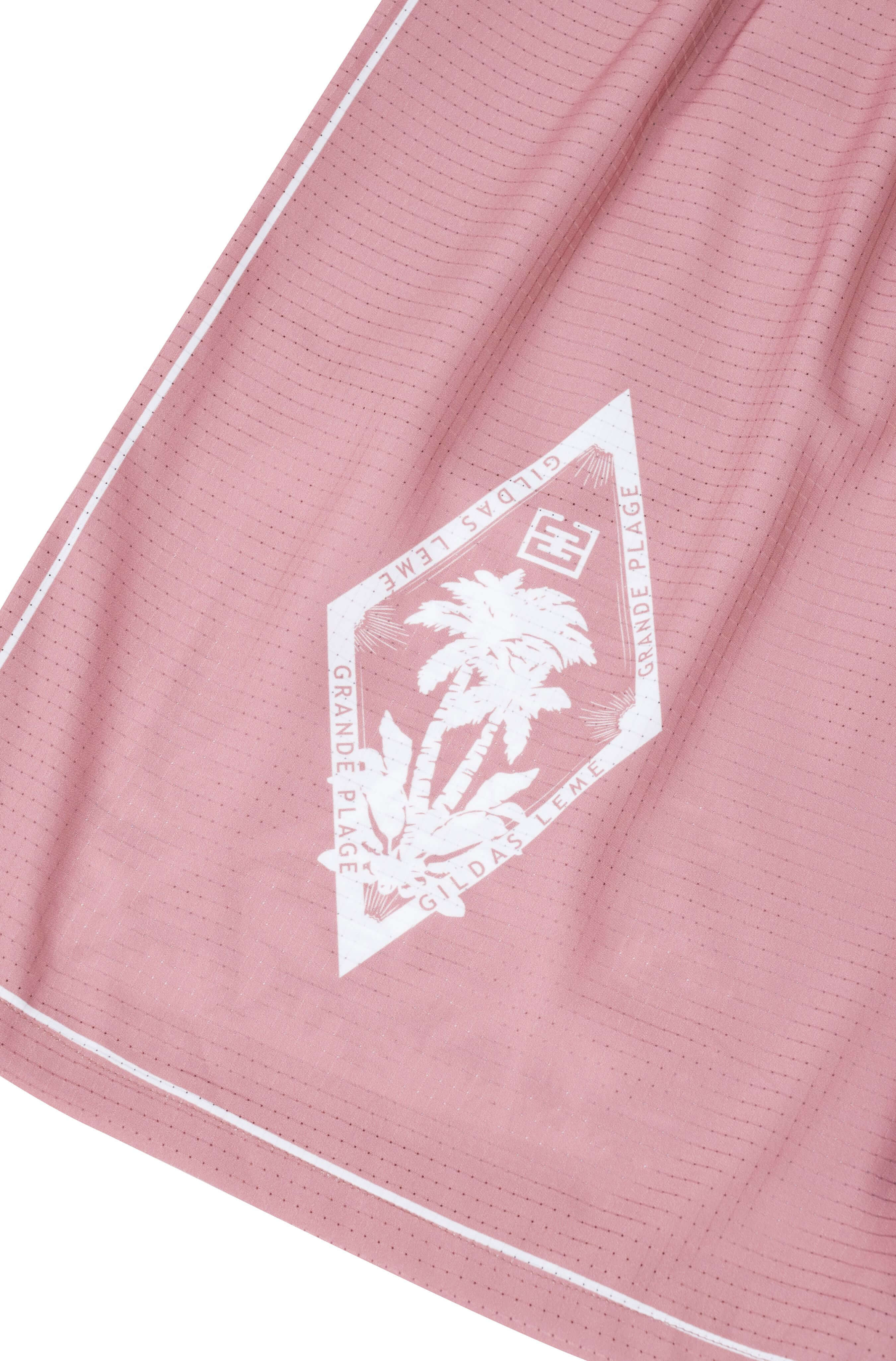 Printed logo on the right side of Pink Paradise summer beach shorts