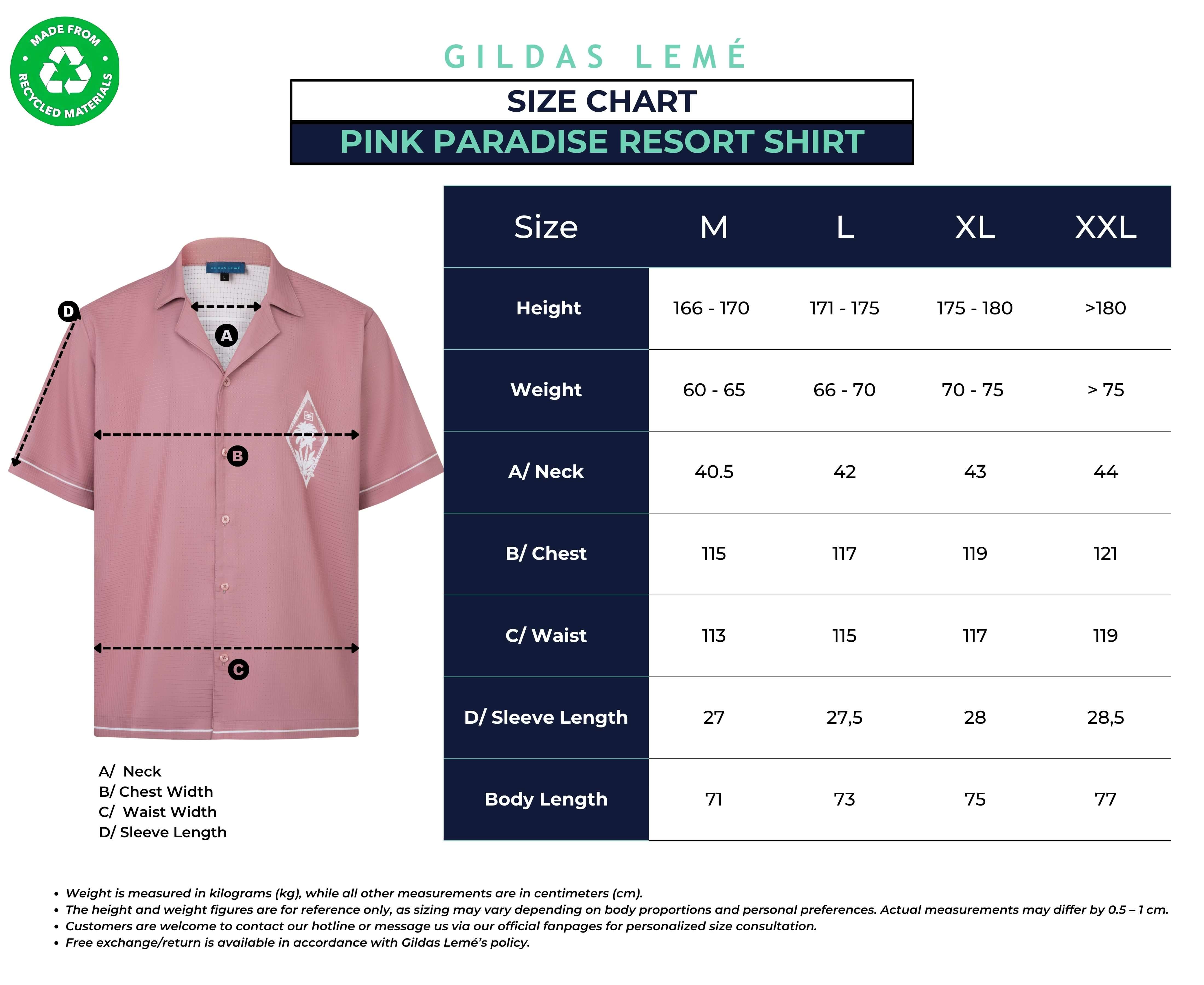 Size chart of the Pink Paradise men’s resort shirt